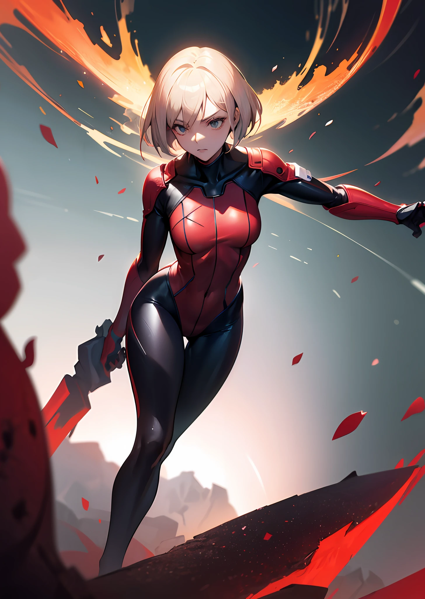 (masutepiece), Best Quality, High resolution, Ultra-detailed, Vivid texture, Stand up to the powerful, A tight bodysuit that emphasizes her gorgeous figure, Dynamic lighting, Ruby red/Black contrast, cinematic view, intense emotion, Immersive experience, timeless beauty, Breathtaking.