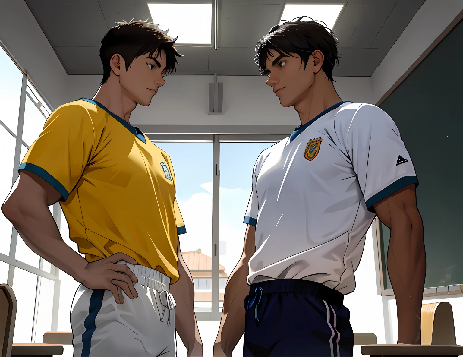 2boys , Parlero,  dentro, (obra maestra, La mejor calidad, absurdos ), escuela,Classroom, Ropa deportiva,looking at eachother , rubor claro,