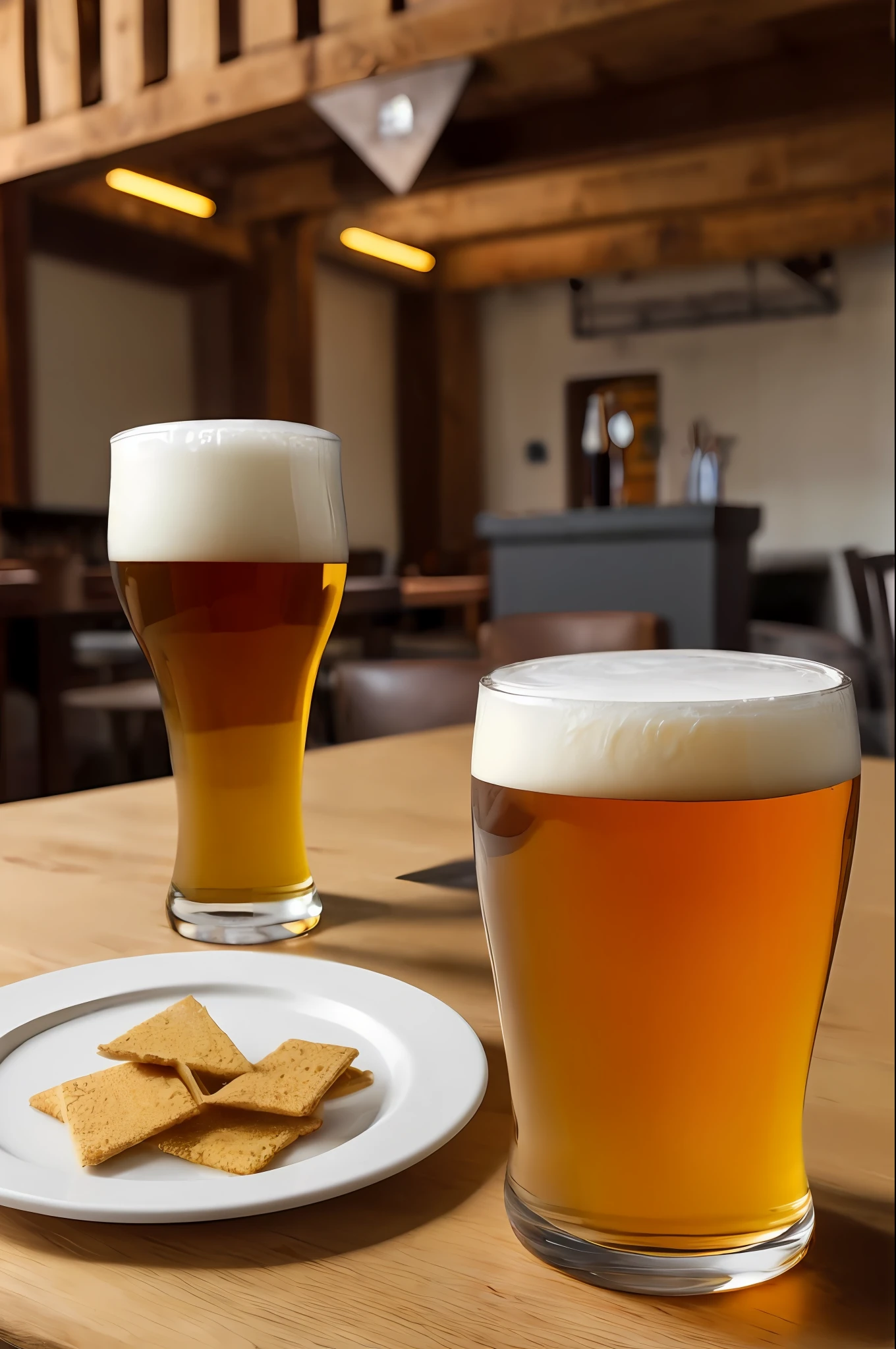 A large mug of beer with white foam, Beer theme, oak table, On the table are plates with snacks for beer, hyper realisitc, natural lighting,