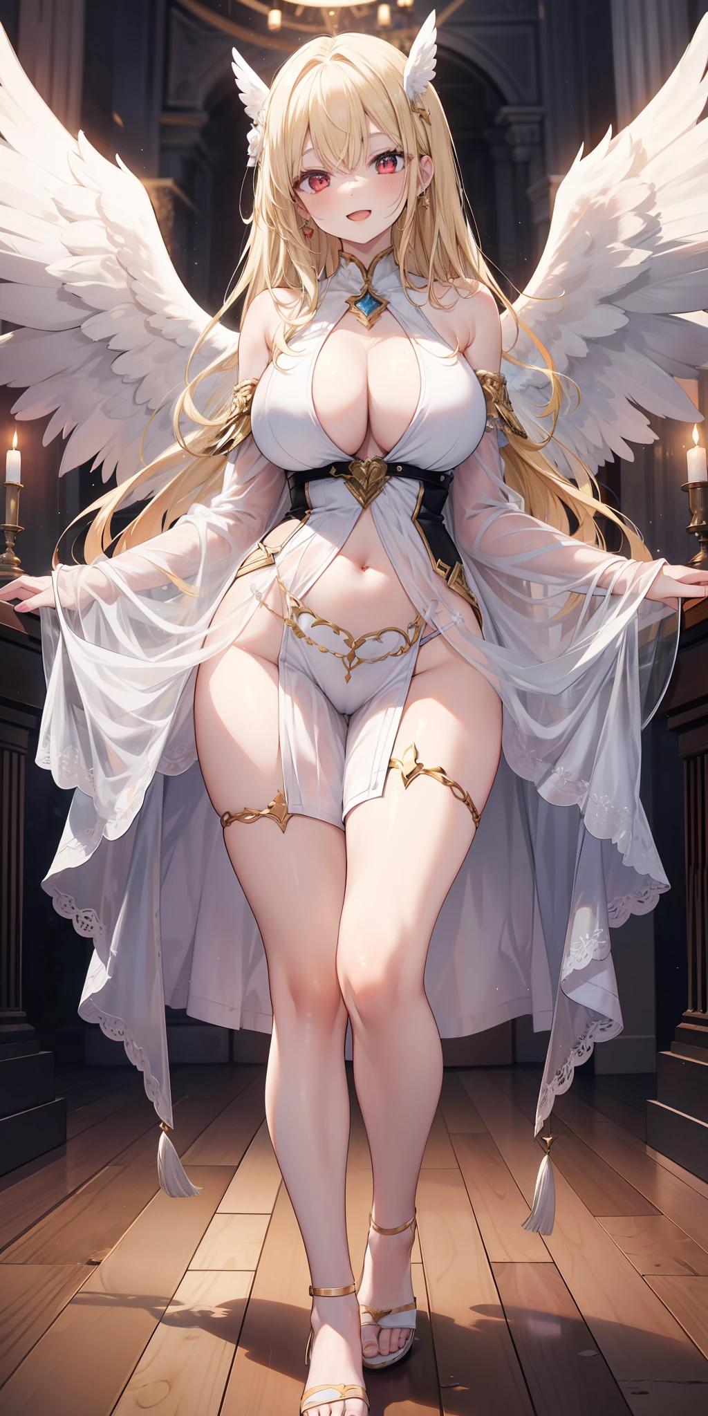 Angel girl, angel wings on back, angel outfit, pale skin, red eyes, ear, nose, open mouth, smiling, blonde hair, neck, shoulders, big chest, arms, belly, thin waist, thick legs, big thigh, feet, floor, standing, looking at viewer