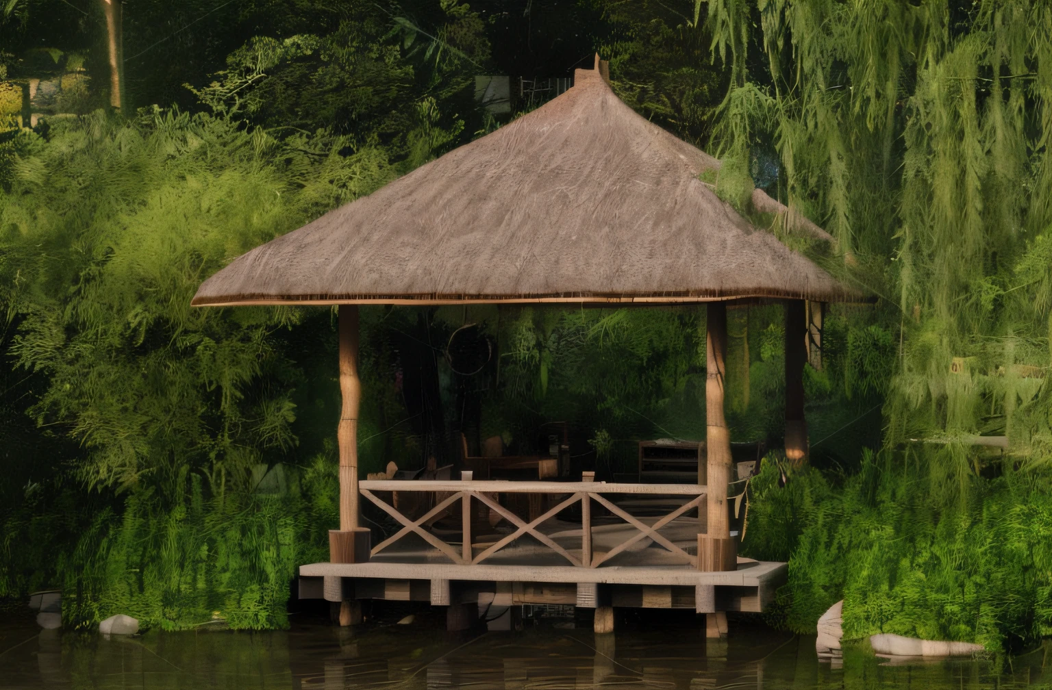 There is a small bamboo house on the water's edge, build in a forest near of a lake,bamboo huts, nighttime foreground, night time render, beautifully lit landscape, scenic view at night, nighttime nature landscape, photorealistic landscapes, Rendered in Lumion Pro, high res eautiful lighting, beautiful landscape rendering, cinematic outdoor lighting, paisible night lighting, Subtle and eye-catching lighting,