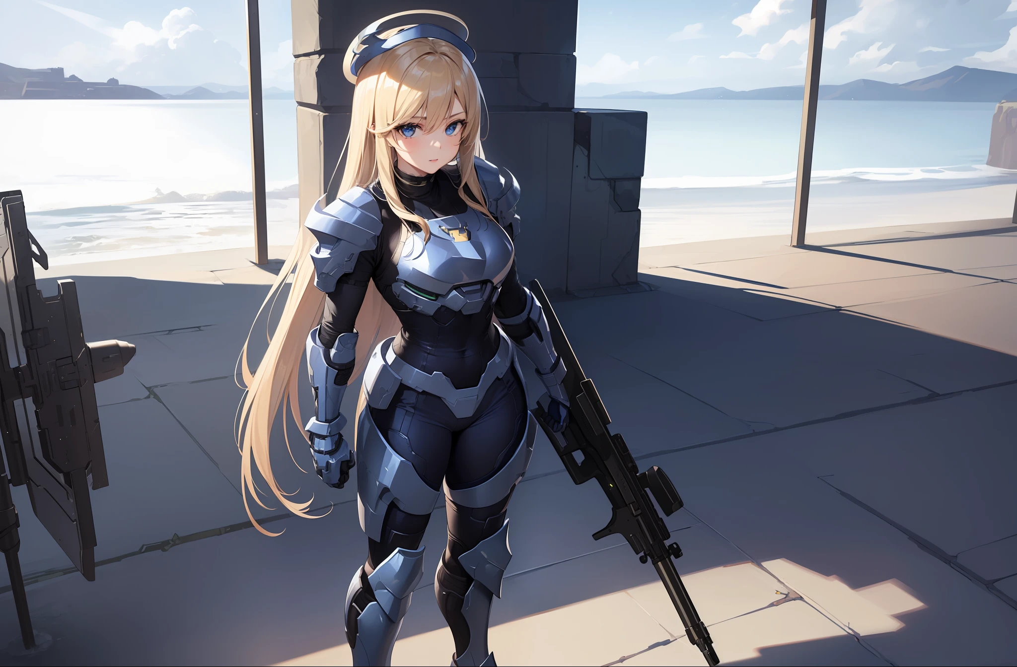 1 girl, solo, (masterpiece), best quality, detailed eyes, sparkling eyes, beautiful hands, shiny hair, blue eyes, light blonde hair, tall, long hair, straight hair, full body,1 girl, solo, (((navy blue spartan armor from Halo))), standing, (highly detailed rifle),