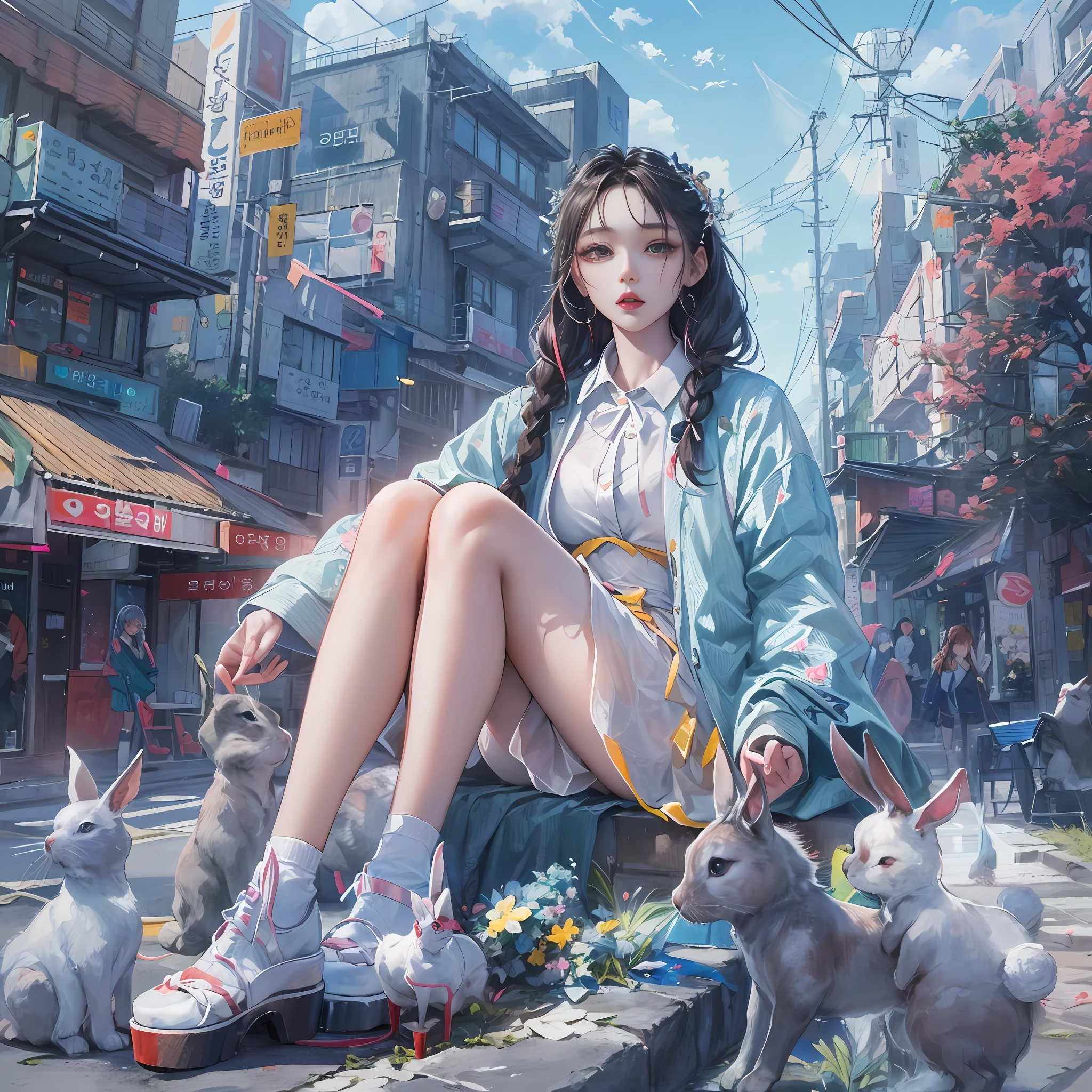 offcial art, Masterpiece, Sharp focus, (Beautiful gorgeous lovely Korean women:1.3), (beautiful lovely Korean people:1.3), Korean beauty, Delicate and beautiful hair and eyes and face, Realistic, Ultra detailed, Beautiful girl, Blue sky, Luminous white particles, A single girl with a look that is decorated in street fashion style, Rock crazy Harajuku style. She wears warm-leg pants and big platform shoes, Her hair is combed into cute braids. The scene is set at night, Hairpins, Accessories, Rabbit ears have patterns inside, streaked, Long socks, Pale skin, hair adornments, epic landscapes,