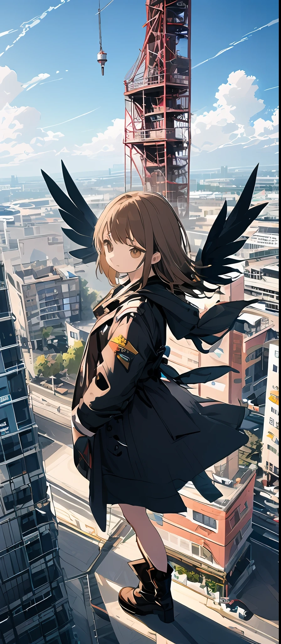 (tmasterpiece,best qualtiy),from the above, 1girll, 独奏, (feathered wings:1.2), advertising billboard, with brown eye, brown hair, build, 城市, mostly cloudy sky, Manteau, boots, The crane\(makina\), Dutch angle, From the side Side, Shallow frown, Look at the picture, exteriors, the roof, Skysky, skyscrapper,Pinching his neck