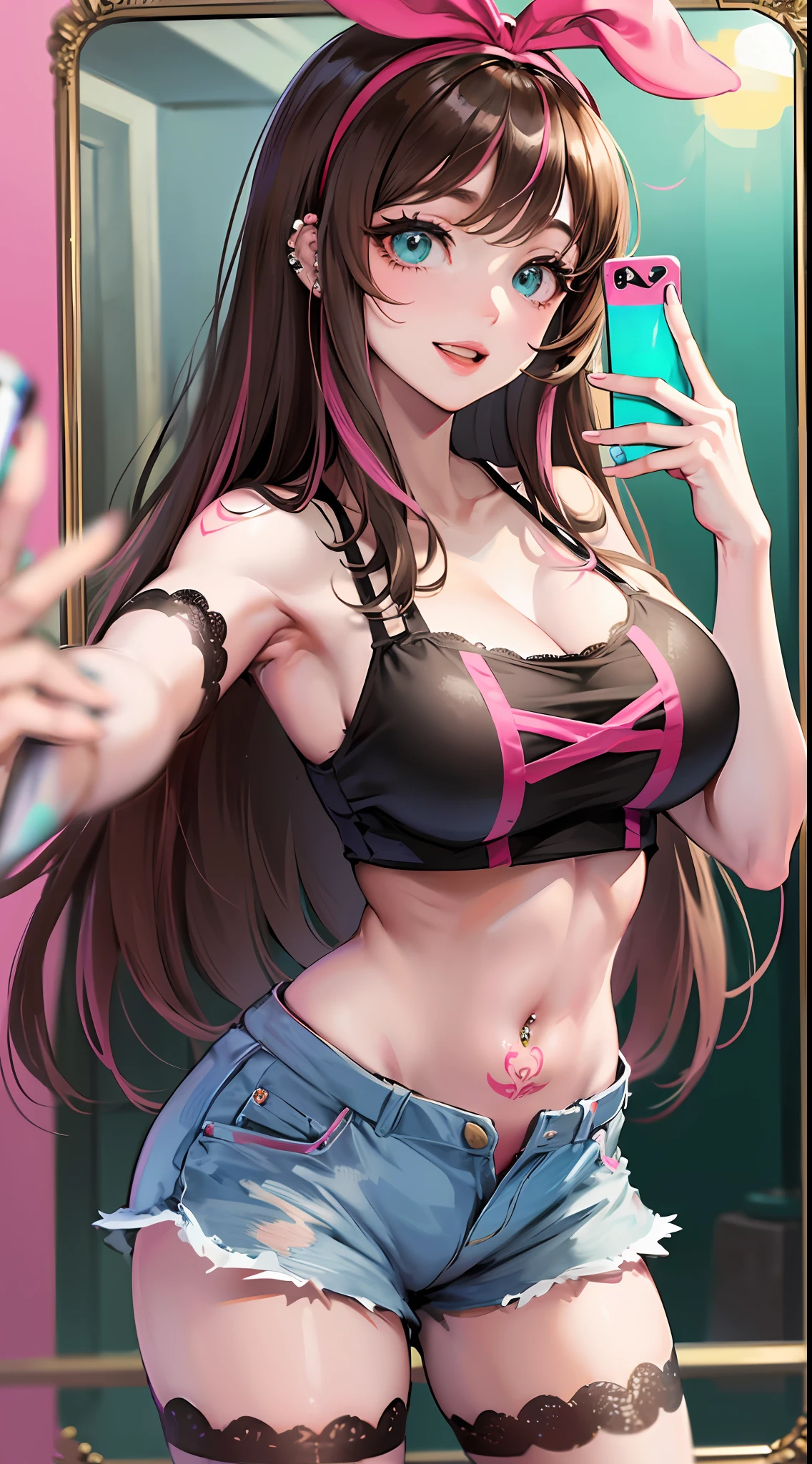 (Best quality, 8k, 32k, Masterpiece, UHD:1.2), kizuna ai, huge breasts,long hair, brown hair, multicolored hair, hair tied, pink hairband, pink highlights, streaked hair, smiling, mirror selfie, jean shorts, black bra, through clothes, navel piercing, tattoo on stomach