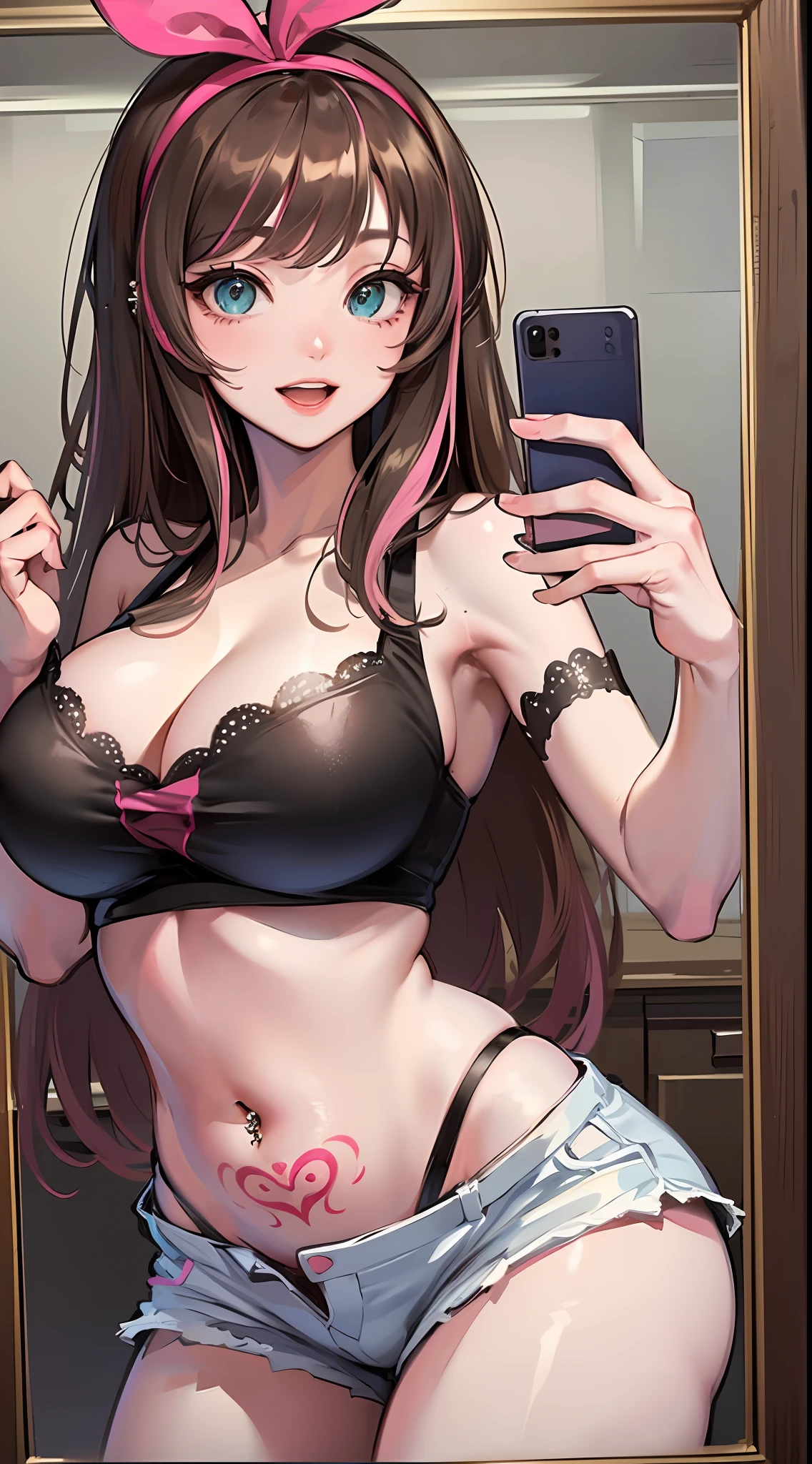(Best quality, 8k, 32k, Masterpiece, UHD:1.2), kizuna ai, huge breasts,long hair, brown hair, multicolored hair, hair tied, pink hairband, pink highlights, streaked hair, smiling, mirror selfie, jean shorts, black bra, through clothes, navel piercing, tattoo on stomach