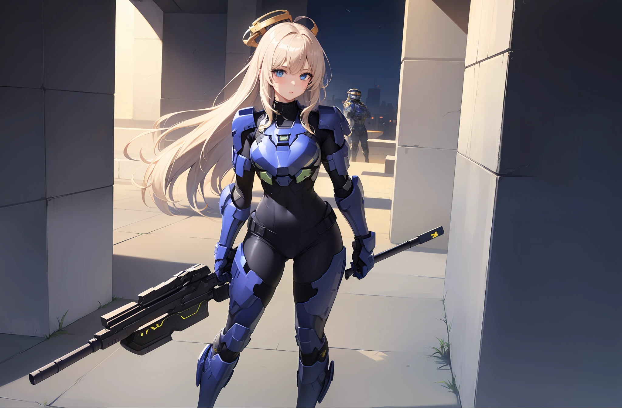 1 girl, solo, (masterpiece), best quality, detailed eyes, sparkling eyes, beautiful hands, shiny hair, blue eyes, light blonde hair, tall, long hair, straight hair, full body,1 girl, solo, (((navy blue spartan armor from Halo))), standing, (highly detailed rifle),