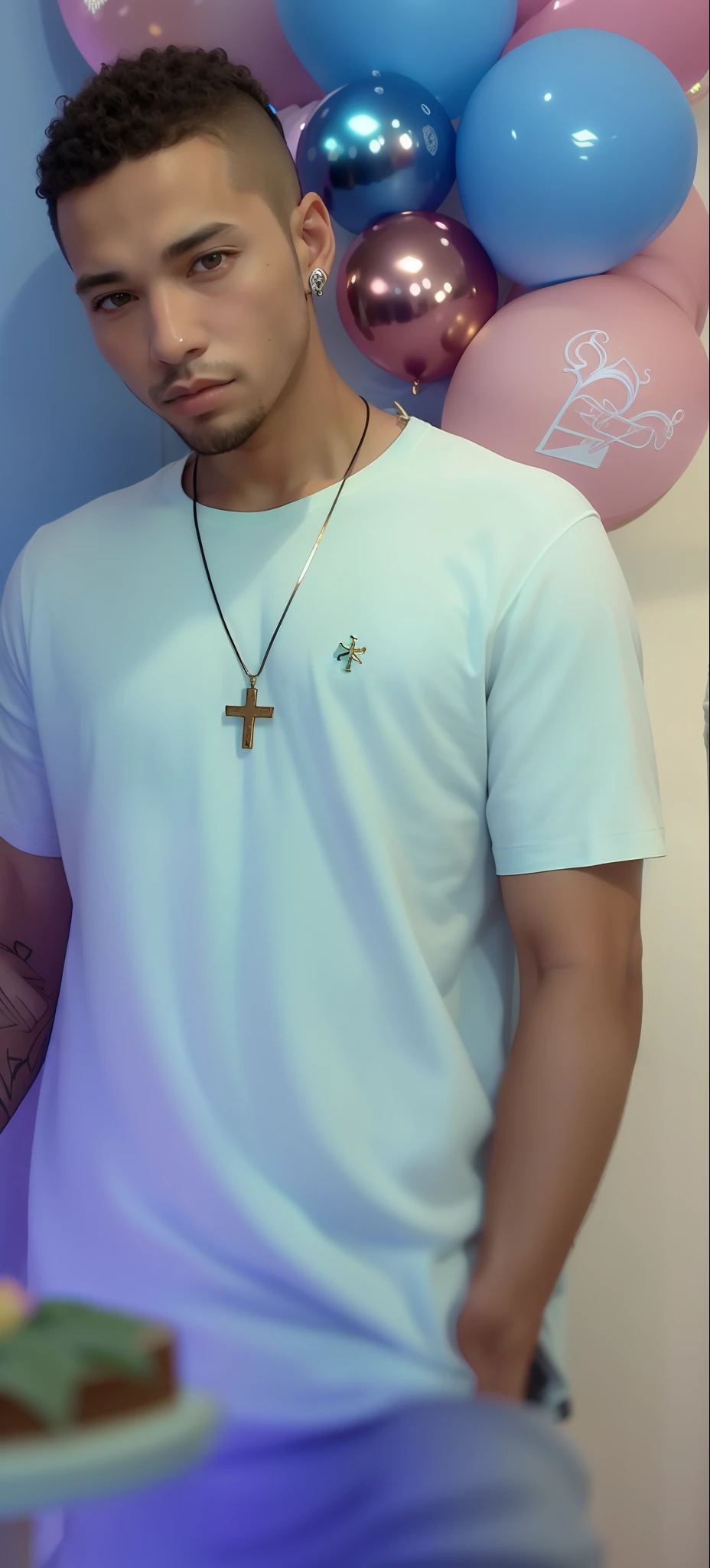There is a man standing in front of a cake with a cross on it, wears an egyptian ankh necklace, vestindo uma camisa azul clara, usando cruz no manto, wearing several pendants, background is celestial, ankh symbol around the neck, usando halo de anjo, roupas pastel, vibe pastel, Tiro com iPhone 1 0, vestindo uma camiseta, vestindo uma camisa clara