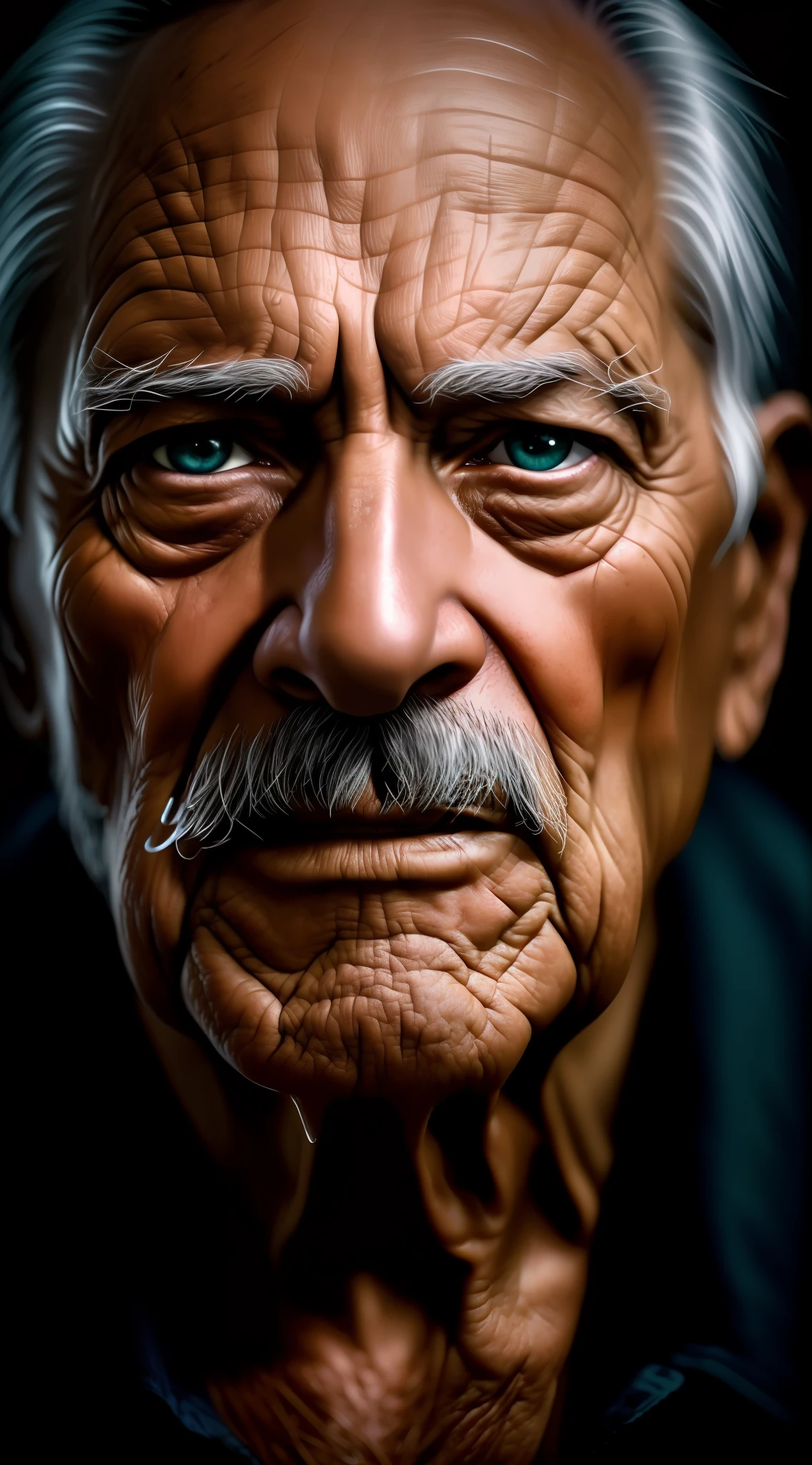 Camera away, (sharp focus:1.2), an award-winning photo of a suffering old man, water drops, tired expression, ninety years old, storm outside, lightning backlighting, , lines on the face, wrinkles, extremely detailed skin, sadness, brown skin, hopelessness, beautiful and bleary eyes, (deep shadows:1.1), high contrast, absurd, 8k, (high quality: 1.3),, artstation hd, concept art, detailed face and body, award-winning photography, (grumpy lighting:1.2), depth of field, bokeh, 4K, HDR