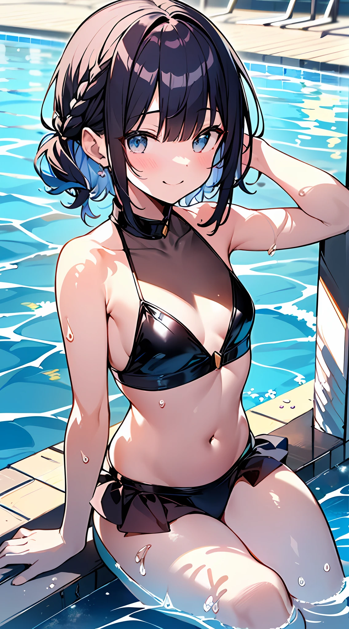 (Incredibly ridiculous absolute resolution:1.5)、hiquality、top-quality、masuter piece、Anime girl in light blue and white bikini, 魅惑的、Anime , 8k Manga Wallpapers, Smile、Shy laughter、((smal pretty anime girl,((swimming pools))、(Medium Shorthair)、(short braided hair)