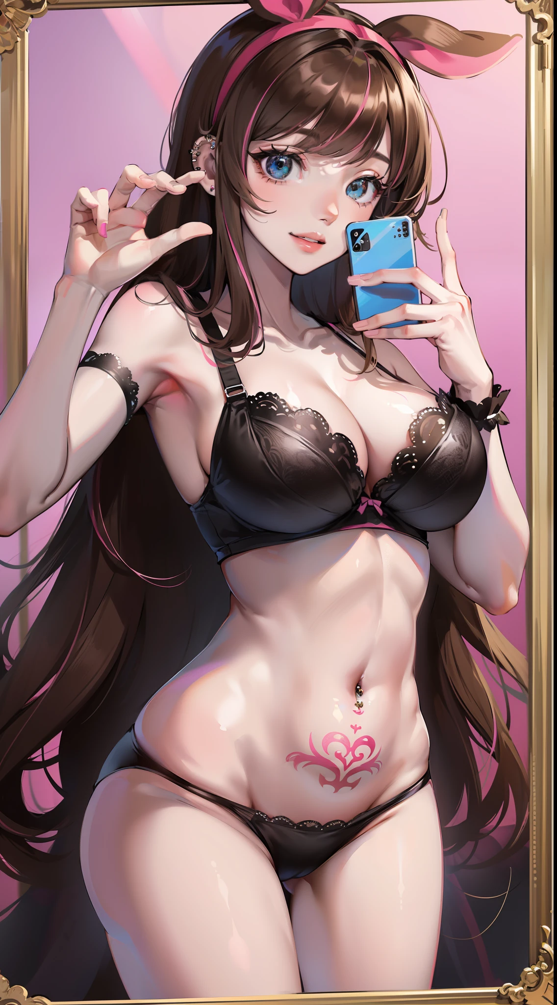 (Best quality, 8k, 32k, Masterpiece, UHD:1.2), kizuna ai, huge breasts,long hair, brown hair, multicolored hair, hair tied, pink hairband, pink highlights, streaked hair, smiling, mirror selfie, jean panties, black bra, through clothes, navel piercing, tattoo on stomach