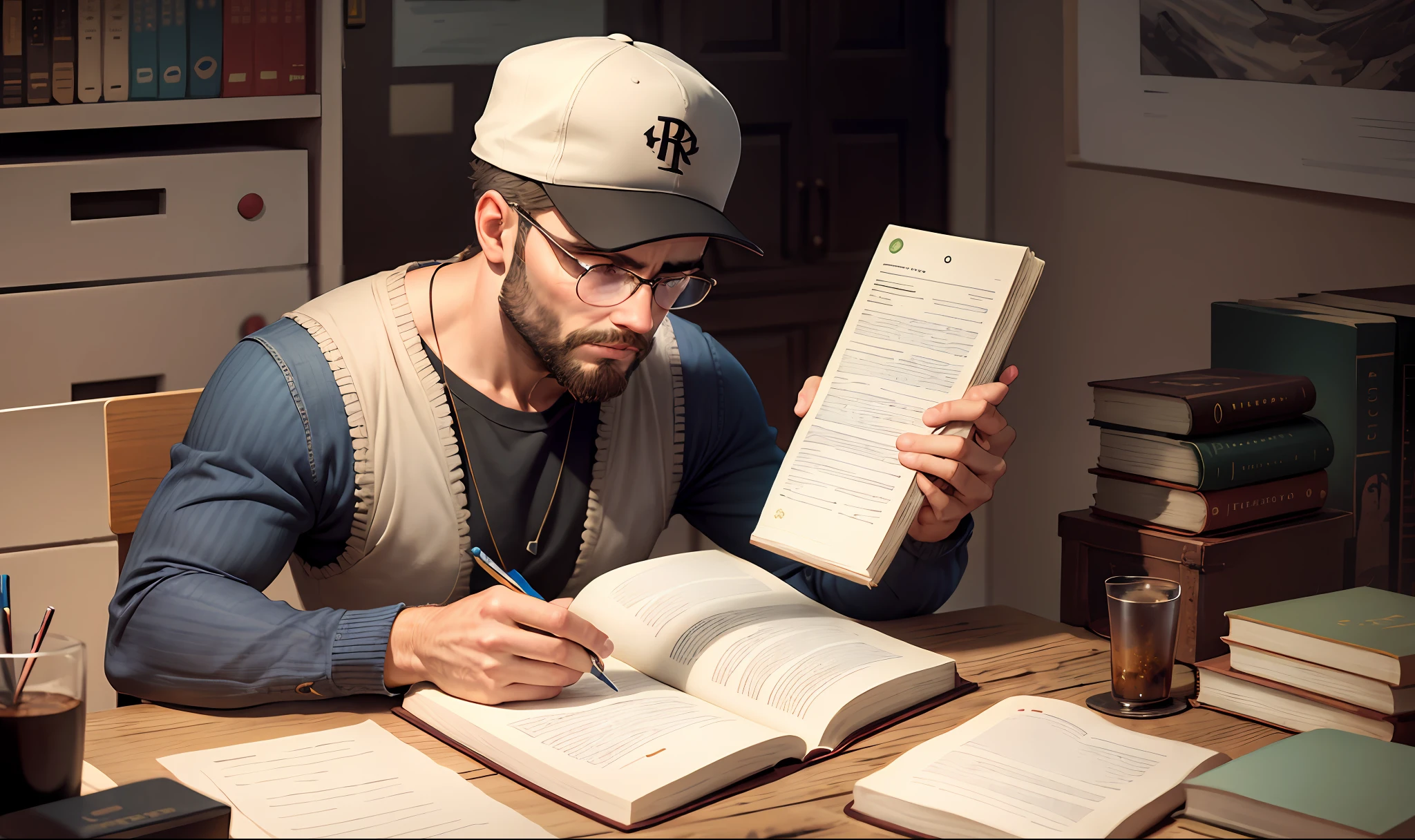 Um homem sentado sobre uma mesa desvendado o misterio sobre a biblia no fundo um escritorio rustico e aconchegante