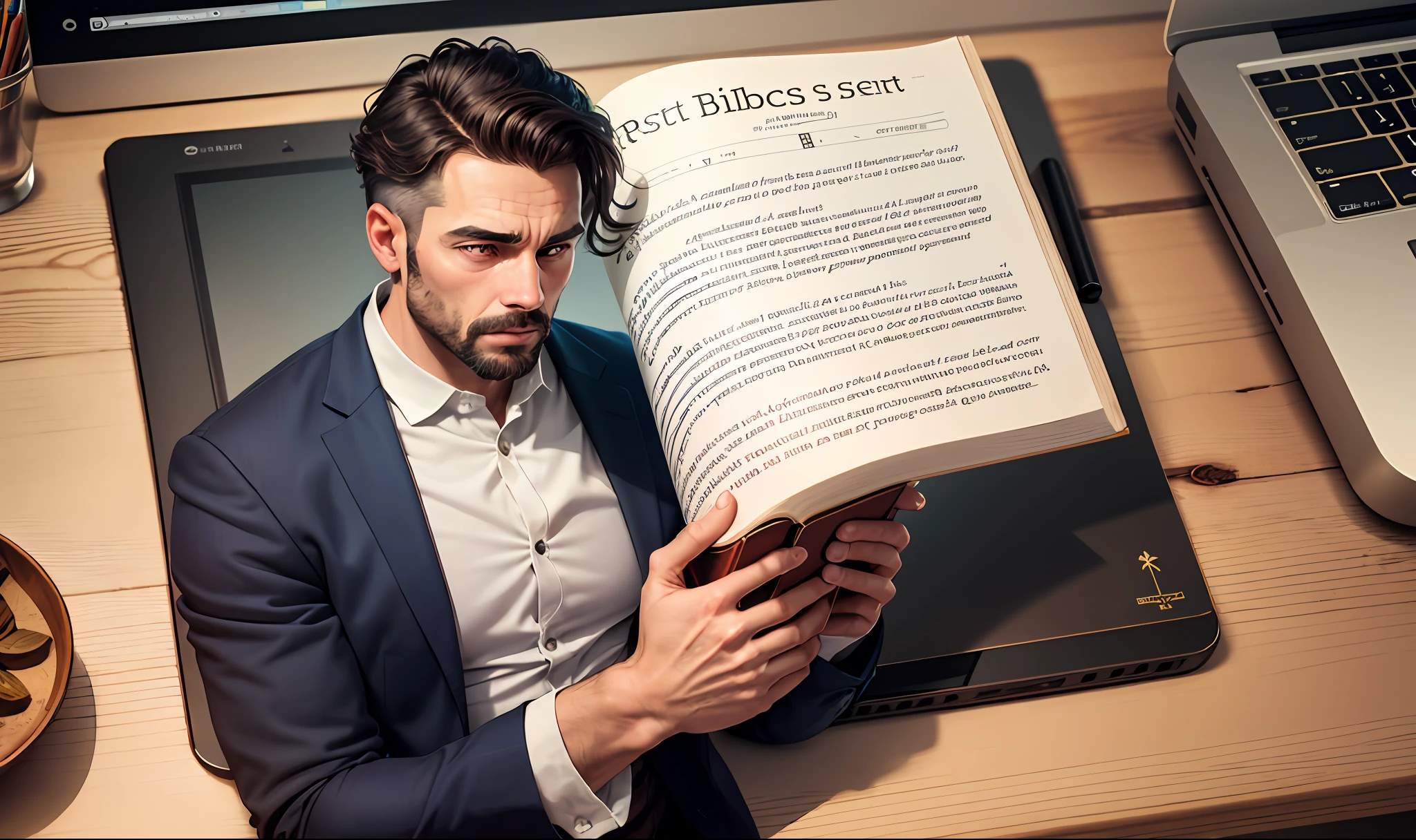 Um homem sentado sobre uma mesa desvendado o misterio sobre a biblia no fundo um escritorio rustico e aconchegante