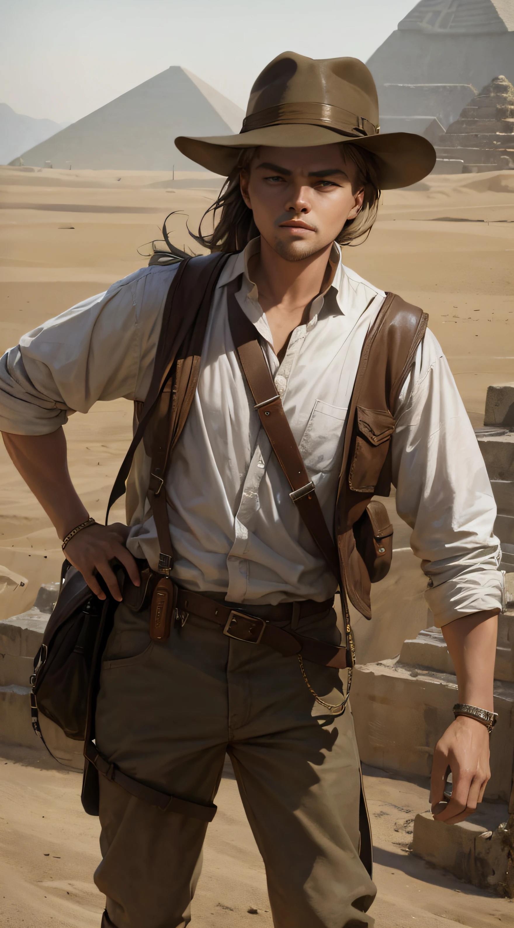 Leonardo Dicaprio como Indiana Jones,Archaeological explorer's uniform,kalap,Chicote,No Egito,Pyramids,set de filmagem,Realistic, --auto