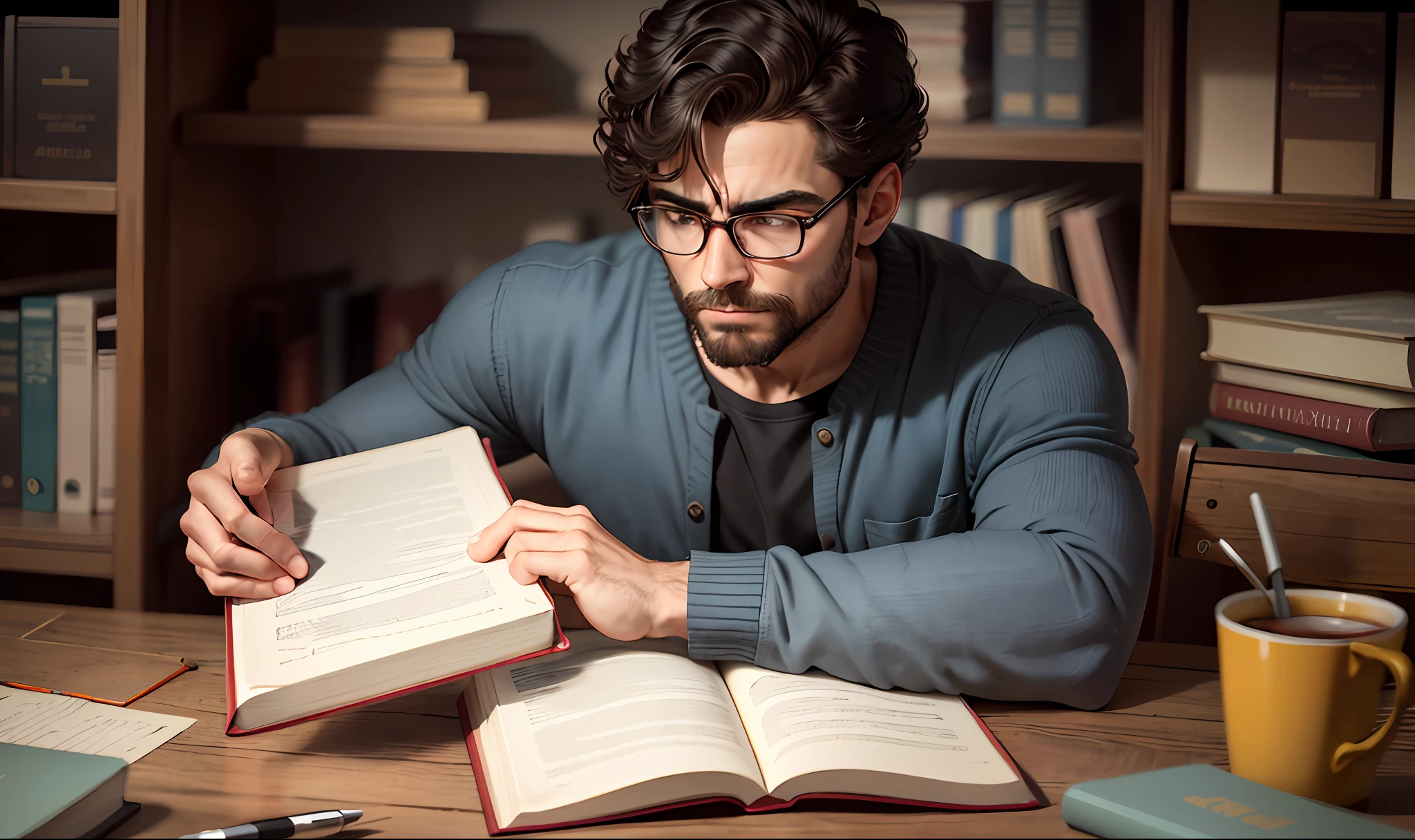 Um homem sentado sobre uma mesa desvendado o misterio sobre a biblia no fundo um escritorio rustico e aconchegante