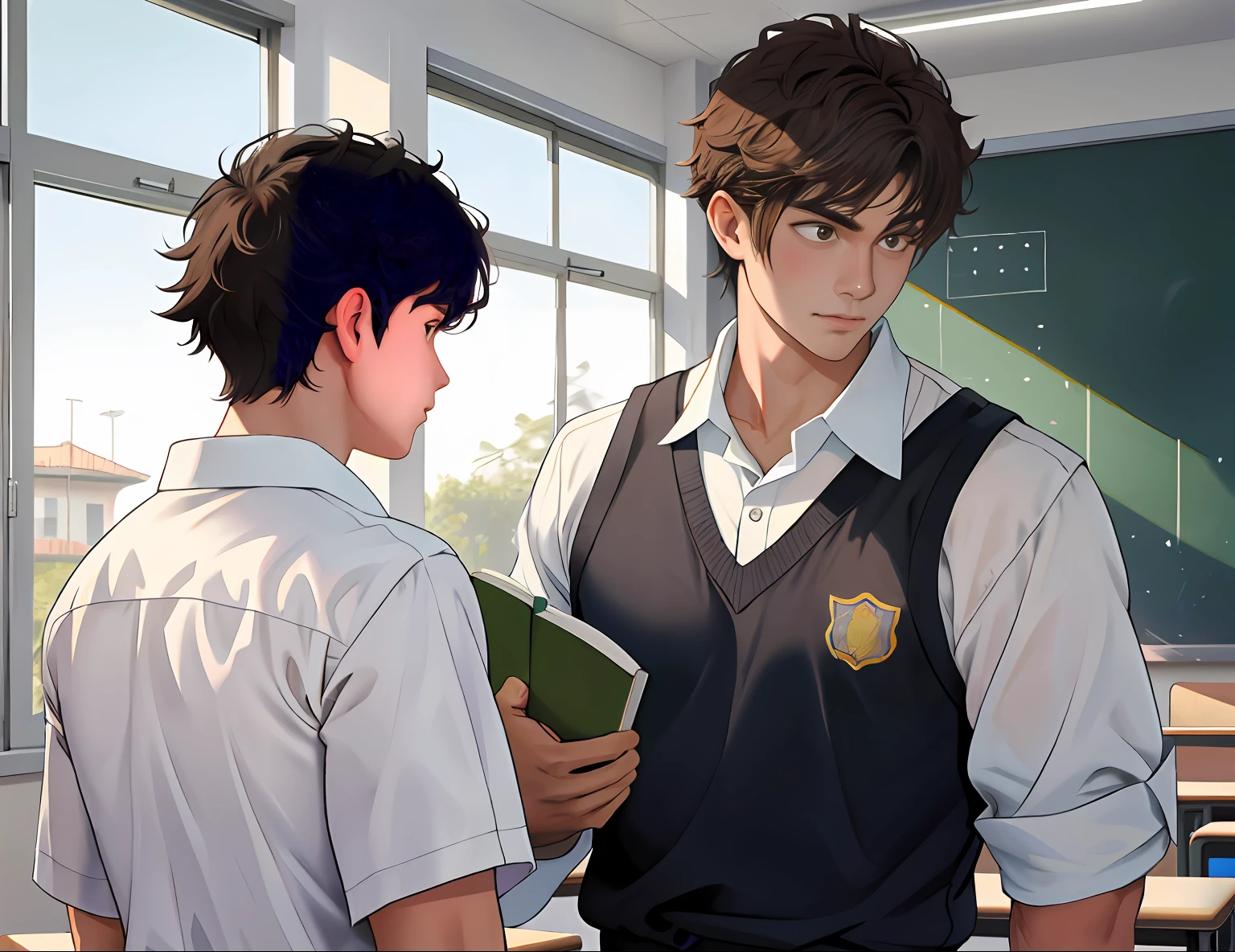 2boys , Parlero, dentro, (obra maestra, La mejor calidad, absurdos ), escuela,Classroom, Ropa deportiva,looking at eachother , rubor claro,