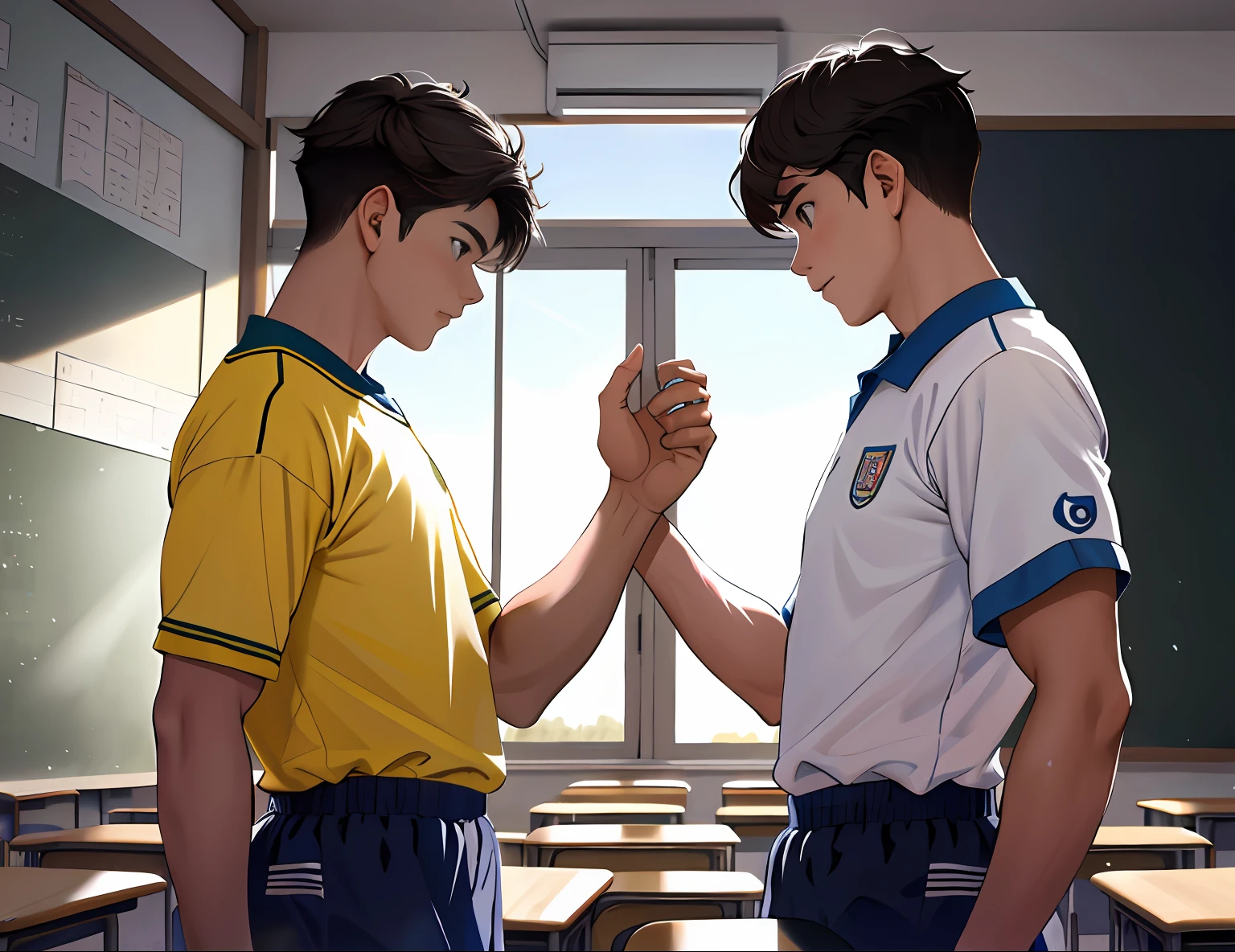 2boys , Parlero,  dentro, (obra maestra, La mejor calidad, absurdos ), escuela,Classroom, Ropa deportiva,looking at eachother , rubor claro,