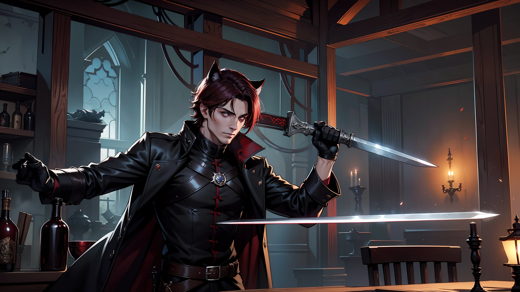 Best quality, masterpiece, digital art, artstation, 4k, HDR, volumetric lighting, RXY ADULT MALE MAN, short dark burgundy hair with bangs covering the left eye, white skin color, both eyes are obsidian purple, has a claw scar on the left eye, black cat ears on the head, with an iron great sword kept on the back in red color and in the middle of the sword has a black belt, is wearing black overcoat clothes with an Aristocrat V is underneath, gloves covering all hands