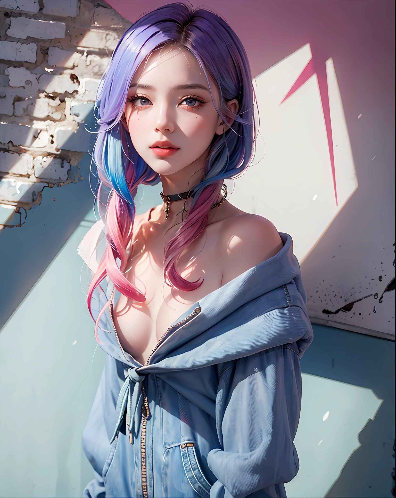(masterpiece, best quality, 1girl, solo, intricate details, chromatic aberration),beautiful skin,realistic,((small breath)),long hair, blue hair, red head ornament, pink highlights, hair over one eye,purple eyes, sharp eyes, choker,black naked hoodie, (symmetry eyes),(perfect symmetrical body),against wall, brick wall, graffiti, dim lighting, alley ,look at viewer,