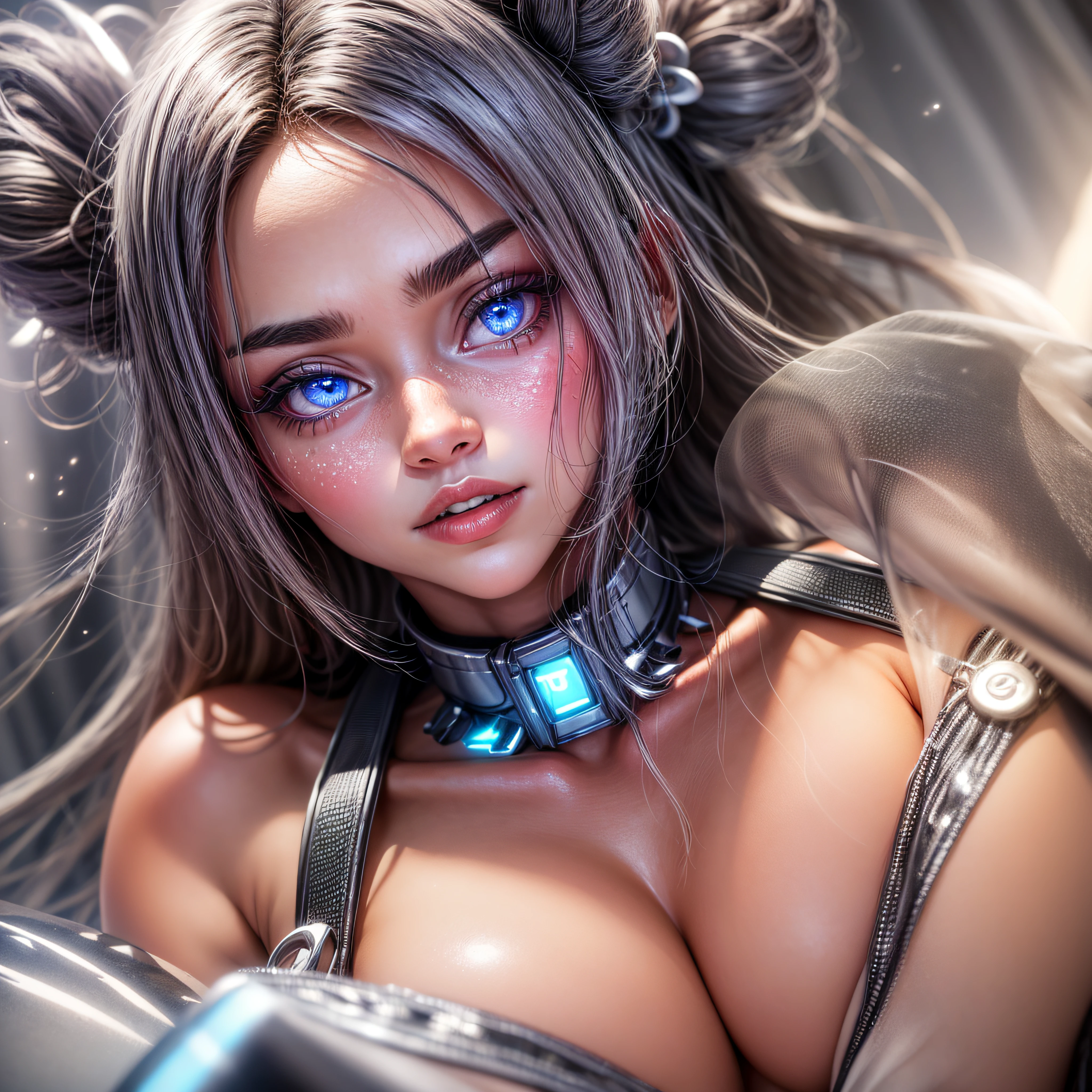 Closeup on beautiful black latex woman, olhos azuis, coberta com rosas vermelhas iluminadas, bright blue white glowing heart, visible from human, noite, Colouring, photography hyper-detailed cinematic hdr lighting, softbox lighting, Detalhe extremo, 8k, 3D-rendering, Hiper realista, NVIDIA,