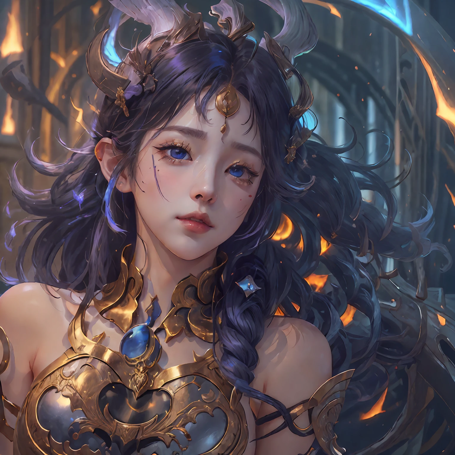(photorealistic:1.4), (masterpiece, sidelighting, finely detailed beautiful eyes: 1.2), masterpiece*portrait, realistic, 3d face, ganyu \(genshin impact\), 1girl, ahoge, architecture, bangs, bare shoulders, bell, black gloves, black pantyhose, (blue hair), blush, breasts, chinese knot, detached sleeves, flower knot, gloves, horns, long hair, looking at viewer, medium breasts, neck bell --auto