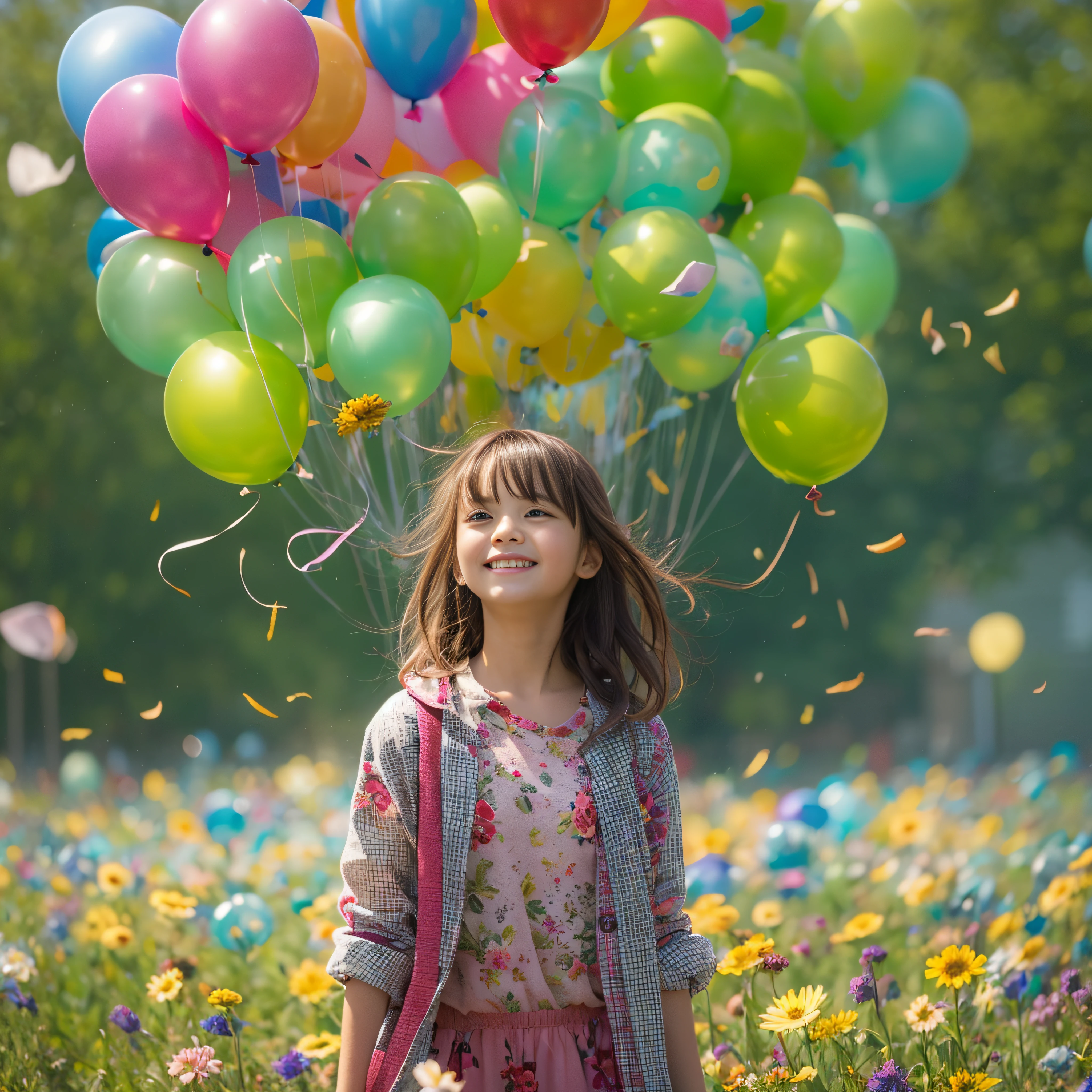 A holds flowers,There are colorful balloons floating in the sky,grassy fields,dance,Holding flowers,cheerfulness,rejoice,Perfect quality,Clear focus(Clutter - home:0.8), (tmasterpiece:1.2) (realisticlying:1.2) (bokeh) (best qualtiy) (detailedskin:1.3) (complexdetails) (8K) (detailedeyes) (Sharp focus),(having fun)