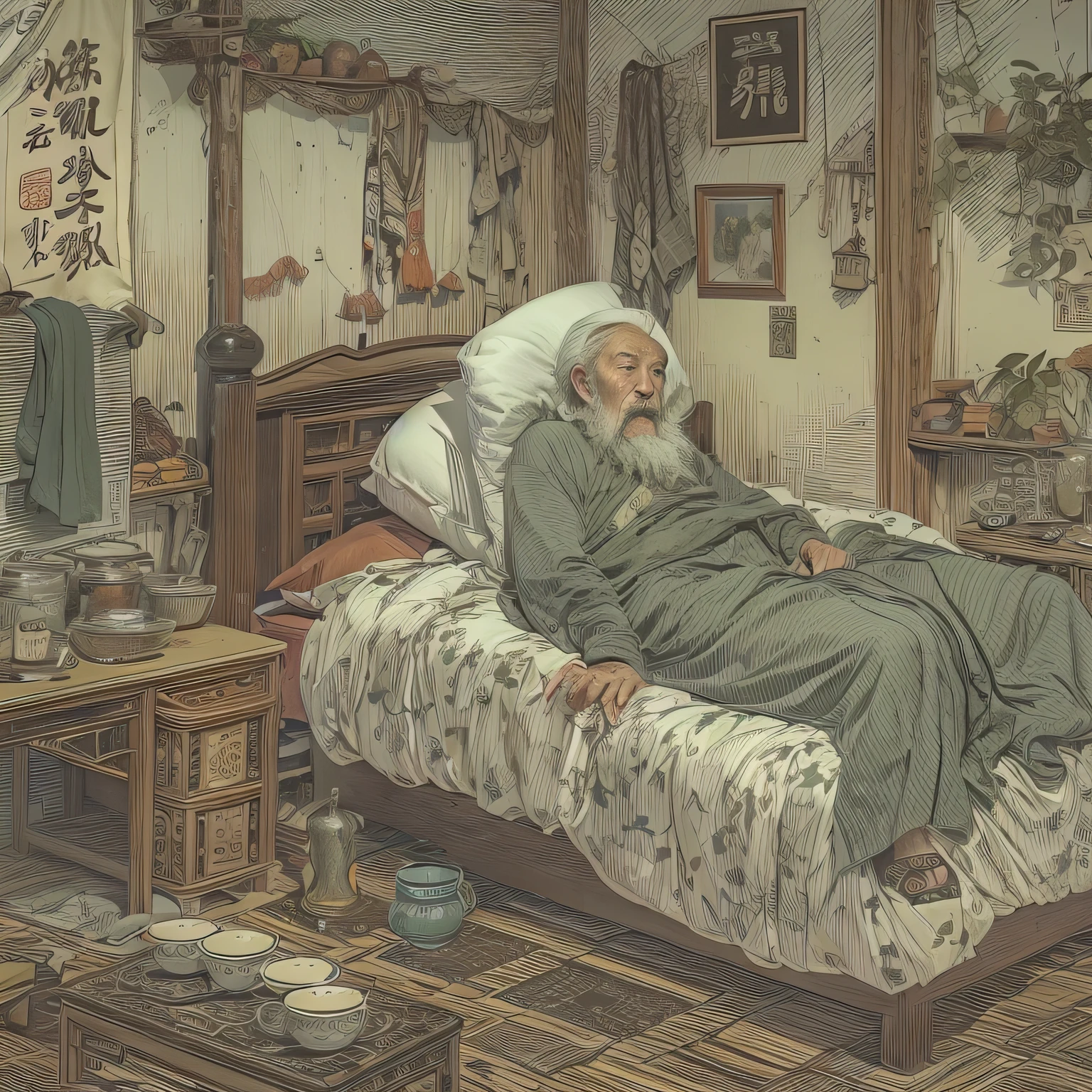 China-style,comic strip,Old man of the Qing Dynasty,poor,Lying in bed,Pale,full of sweat
