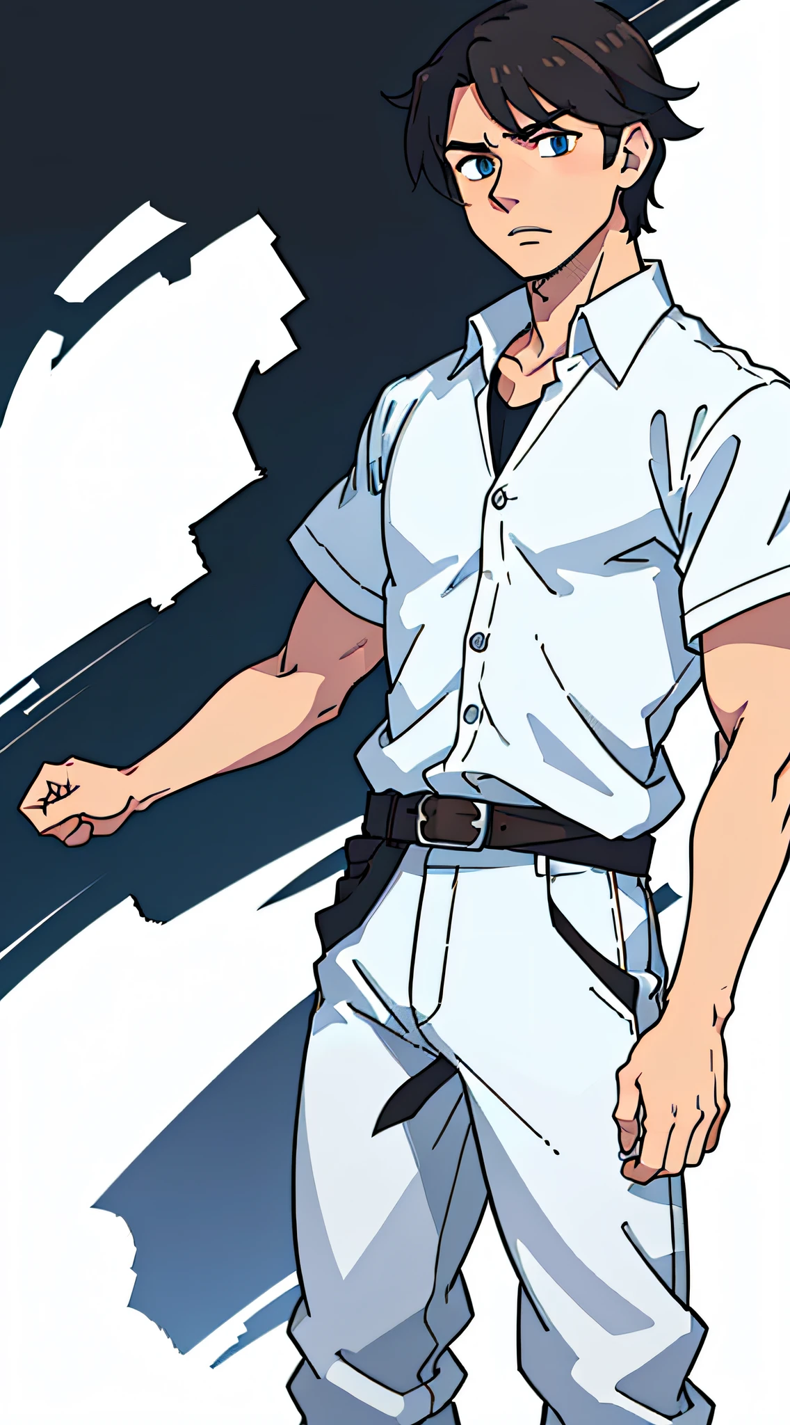 (best-quality:0.8), broken introspective perfect anime illustration, Caucasian, short brown hair, buttoned up white shirt, brown pants with black belt, blue eyes, muscular arms, adult male, simple colors, white background, waist-up shot, half body shot, high resolution, no props, neutral pose, front view, normal pose