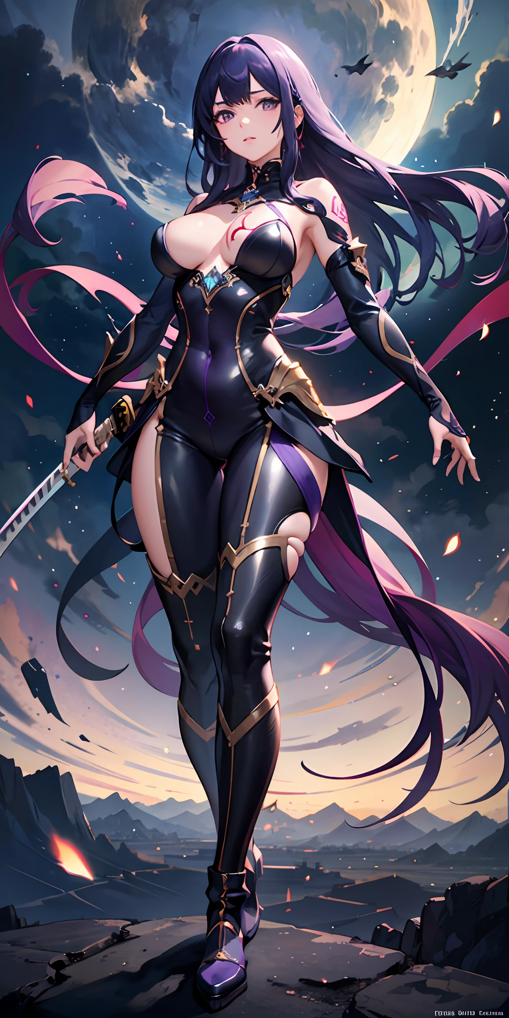 1girll,Gorgeous Hair in Long Purple,Purple jumpsuit,Tattooed with,There is a red rope around the waist,purple boots,Thigh leg rings,Left-handed katana,The right hand releases a purple energy glow,Hands full breasts, Convex buttocks, city ruins,holy rays,A desert,Detailed background, Clothing details, perfectly proportioned, filmgrain, Fuji colors, lightand shade contrast, tmasterpiece, high detal, high qulity, A high resolution, Cinematic lighting, 8K, Textured skin, Super detail