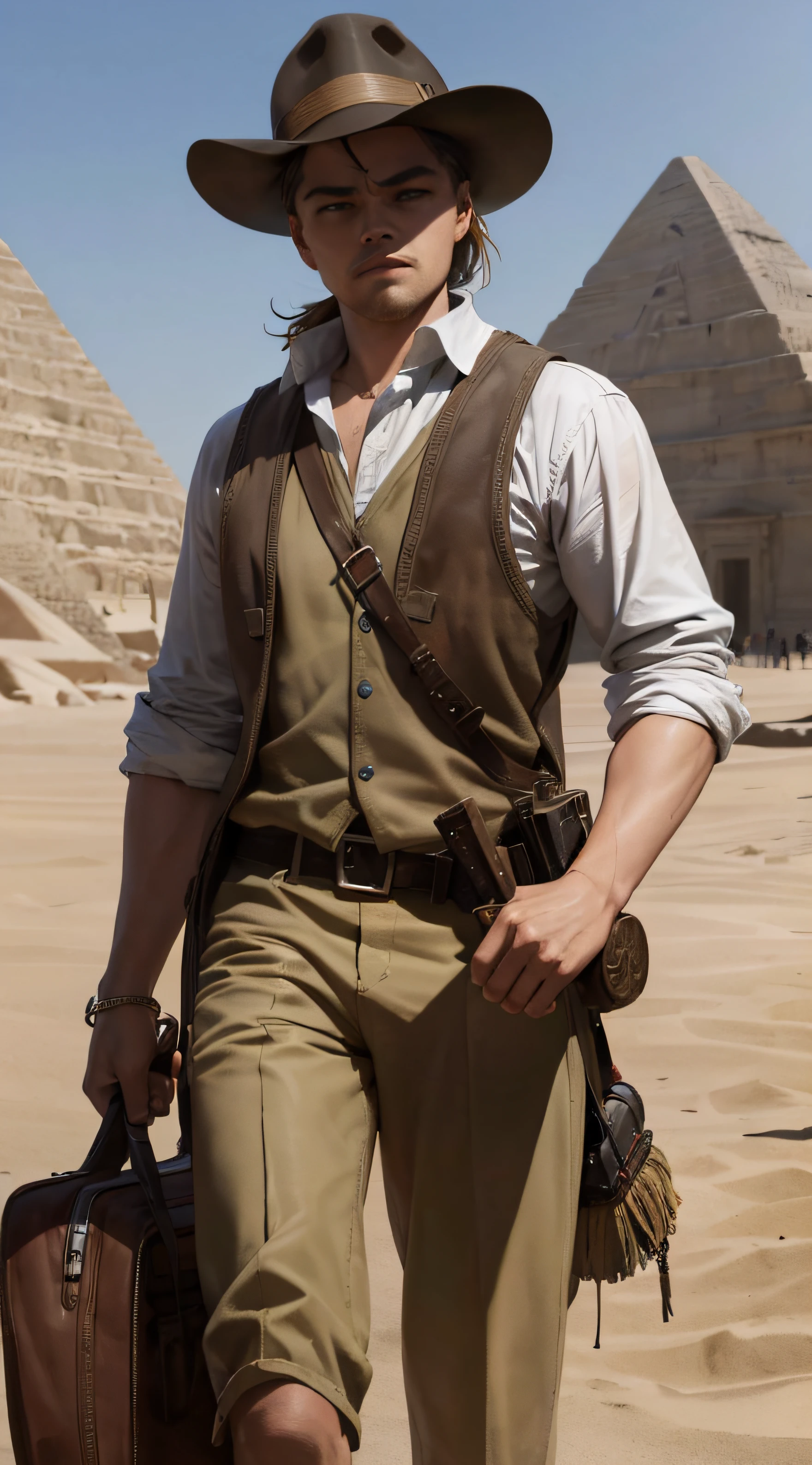 Leonardo Dicaprio como Indiana Jones,Archaeological explorer's uniform,kalap,Chicote,No Egito,Pyramids,set de filmagem,Realistic, --auto