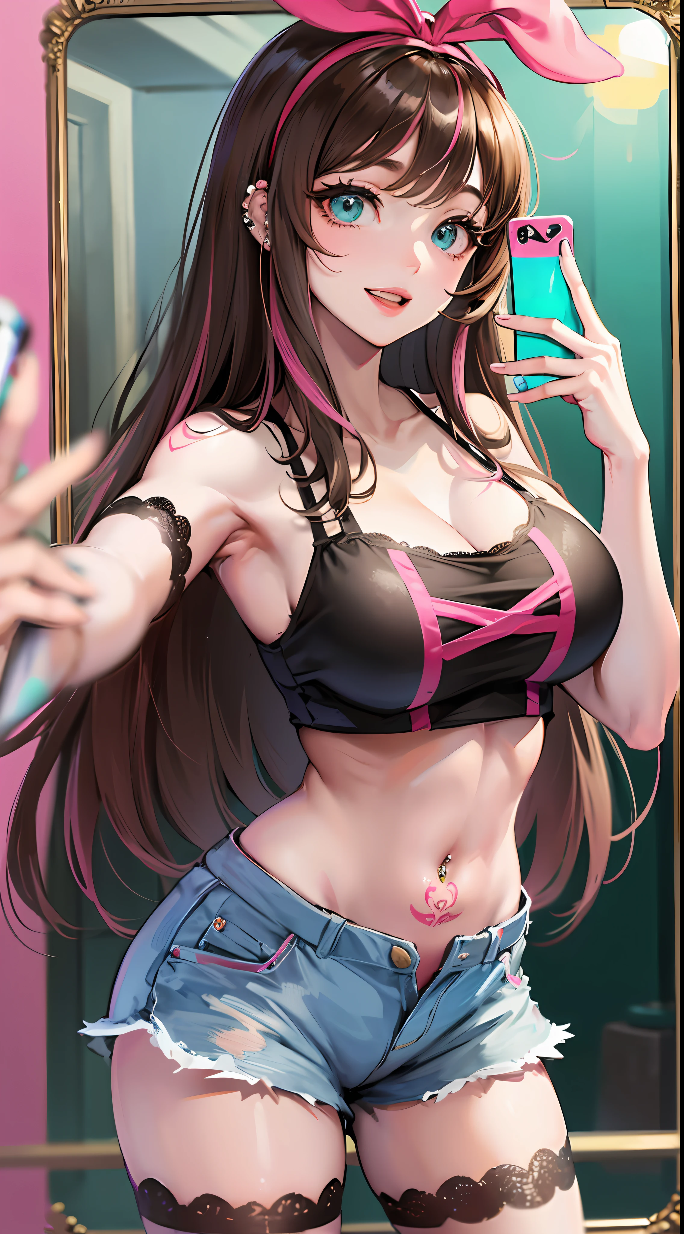 (Best quality, 8k, 32k, Masterpiece, UHD:1.2), kizuna ai, huge breasts,long hair, brown hair, multicolored hair, hair tied, pink hairband, pink highlights, streaked hair, smiling, mirror selfie, jean shorts, black bra, through clothes, navel piercing, tattoo on stomach