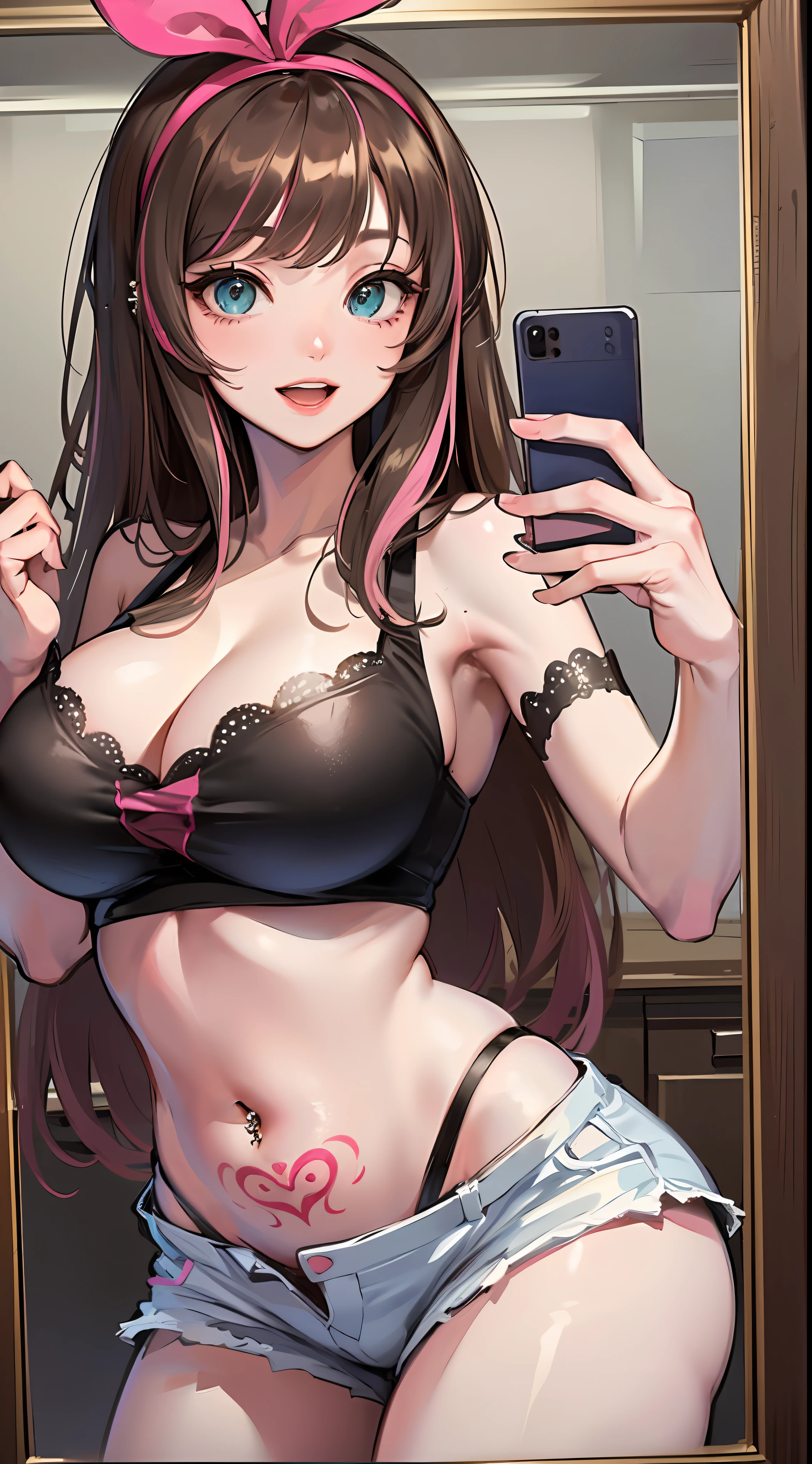 (Best quality, 8k, 32k, Masterpiece, UHD:1.2), kizuna ai, huge breasts,long hair, brown hair, multicolored hair, hair tied, pink hairband, pink highlights, streaked hair, smiling, mirror selfie, jean shorts, black bra, through clothes, navel piercing, tattoo on stomach