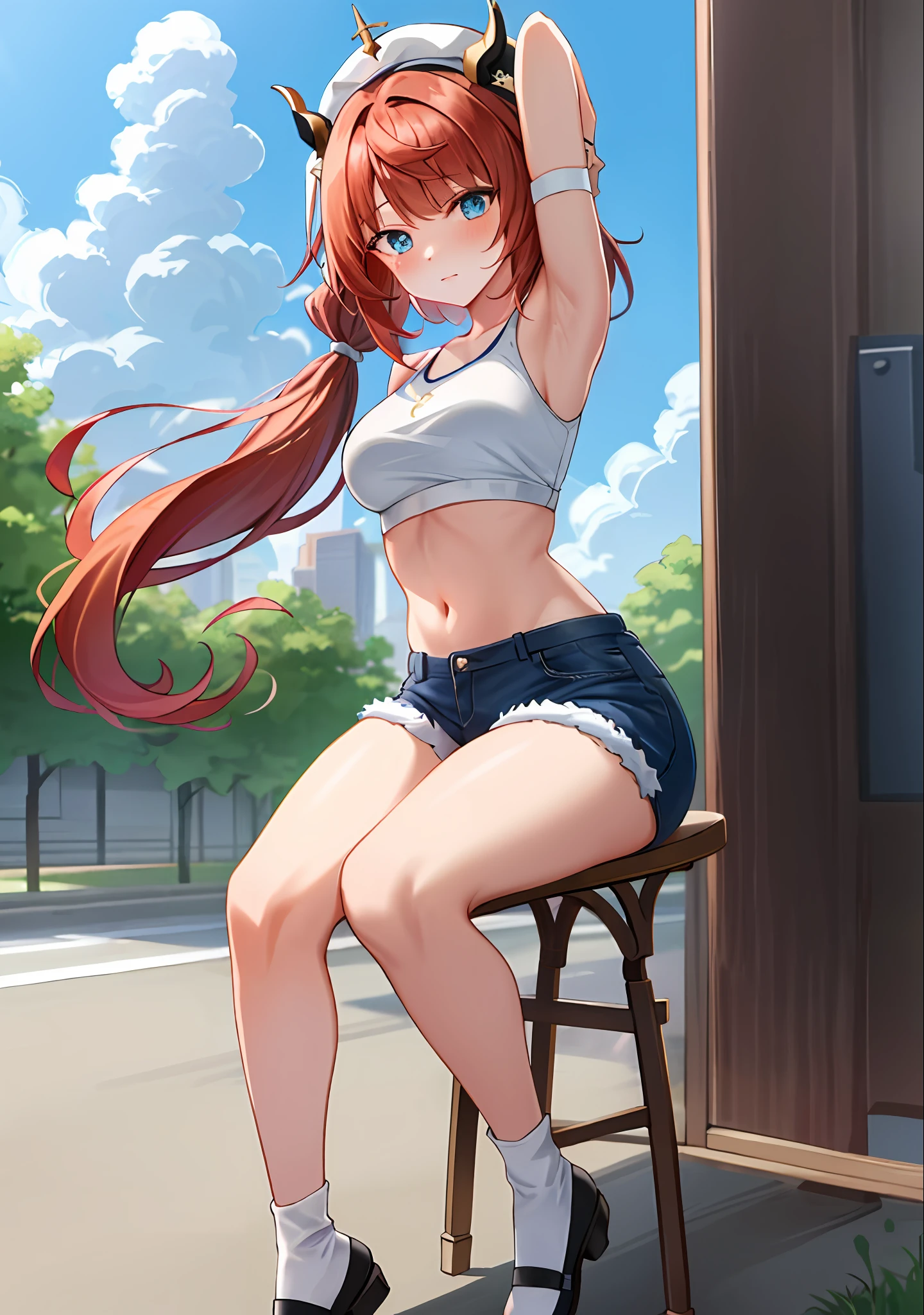 (masterpiece, best quality, ultra-detailed), nilou \(genshin impact\), (red hair), cone hair bun, twin tails, long hair, swept bangs, braid, braided bangs, blue eyes, blue eyes,
(wearing a t-shirt:1.2), sitting on a chair outside of caf, embracing the natural beauty, sunlight, beautiful cloudy sky, city, street, denim shorts, black stocking,
medium breasts, thick thighs, critical angle, cowboy shot, arm behind head, arm behind back, armpits, shy face, crop top, strong and seductive expressions,,