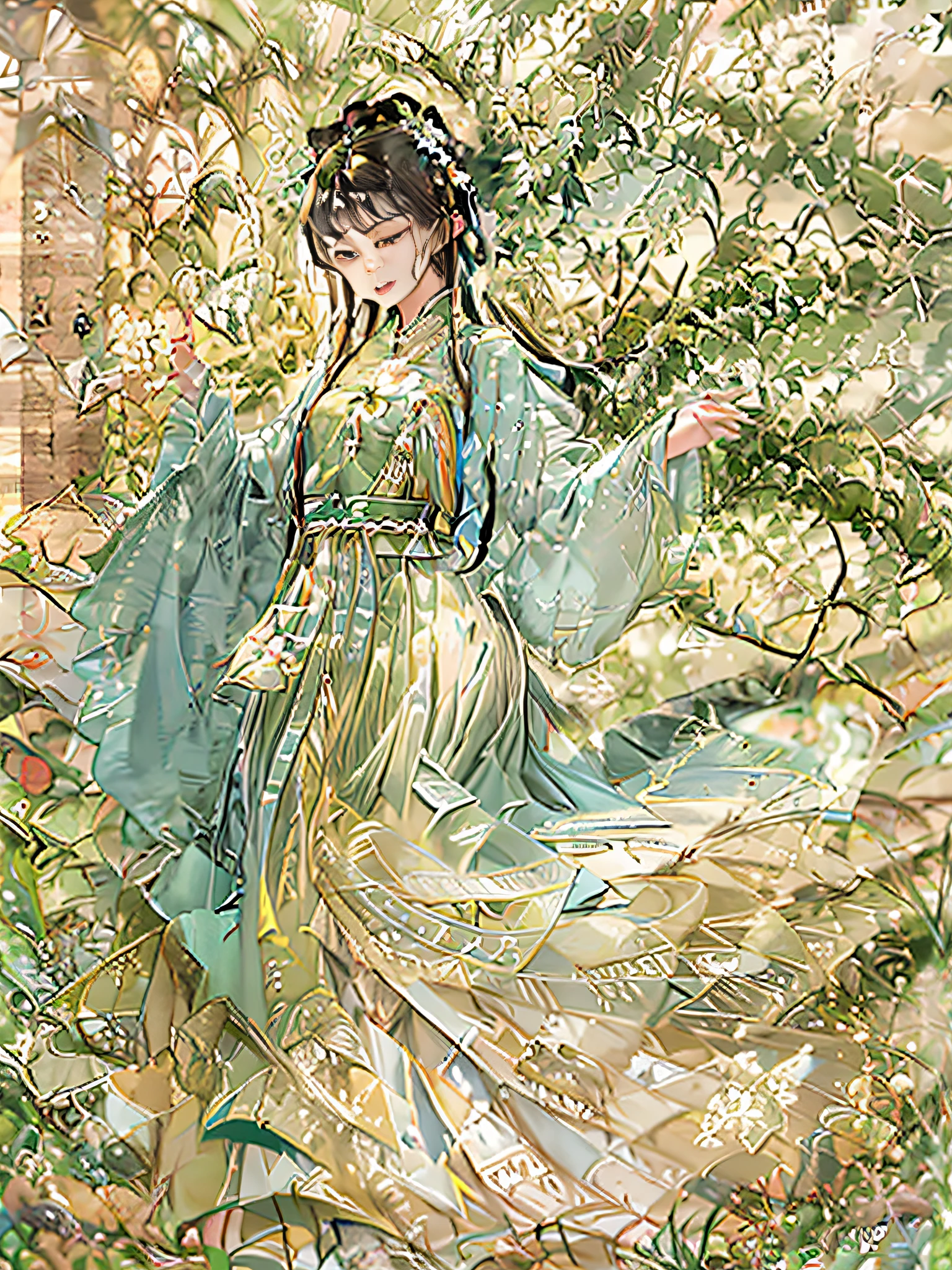 A dancing girl in a golden dress，Flying Dance，tmasterpiece，Best quality at best，Dunhuang murals，Flying，dances，high-definition picture quality，dancer，exquisite costumes，beauitful face，ancient Chinese costume，Dance movements，Imposing background，Ultra-fine lines，vivd colour，Strong，Texture，The most beautiful eyes，A desert，Blue sky and white cloud scenery，mountain range in background