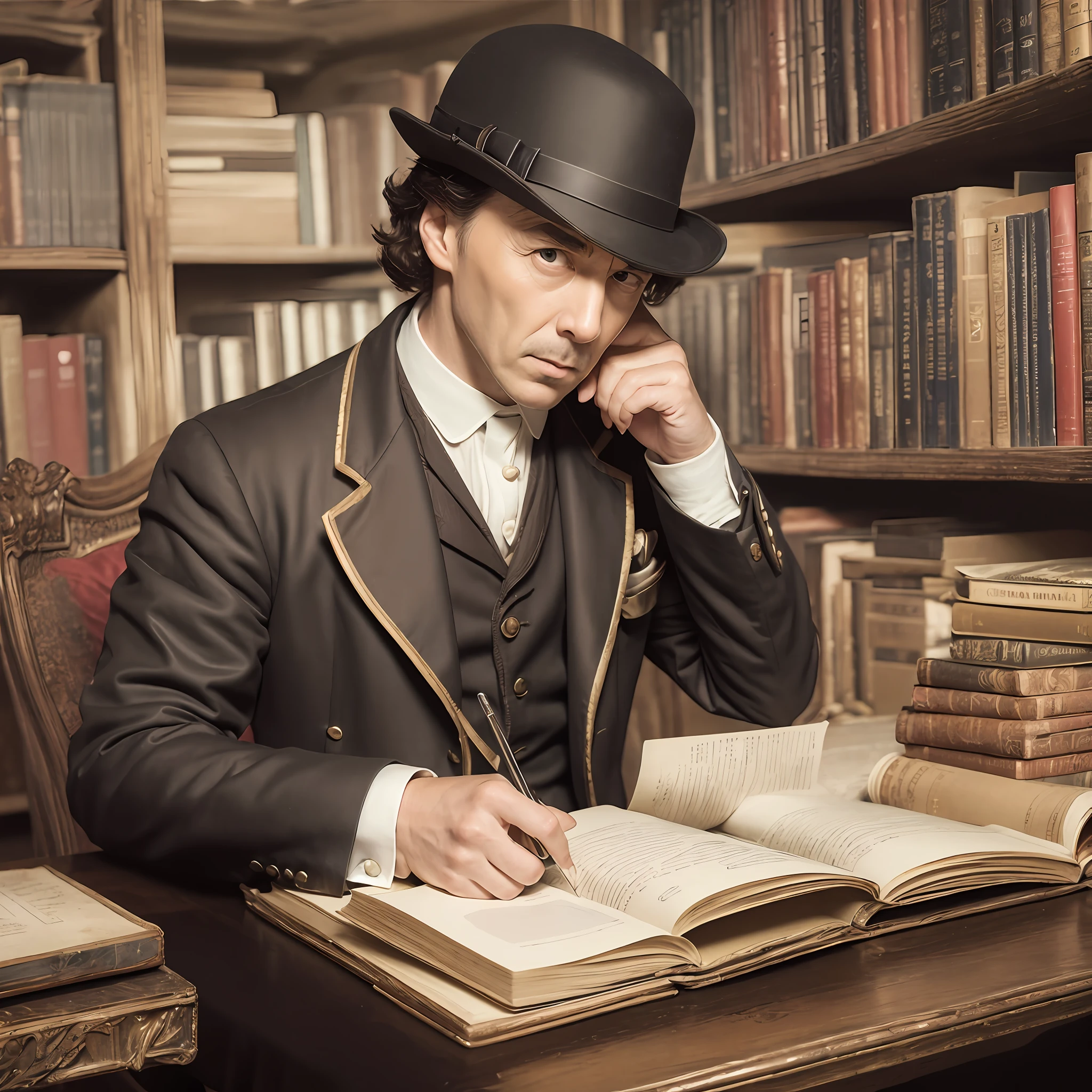 Sherlock Holmes y el Dr.. Watson, in a Victorian-era library, foto realista, ocre, colores azulados, Mysterious atmosphere, foto realista, Super detailed, a high definition, alta calidad. --auto --s2
