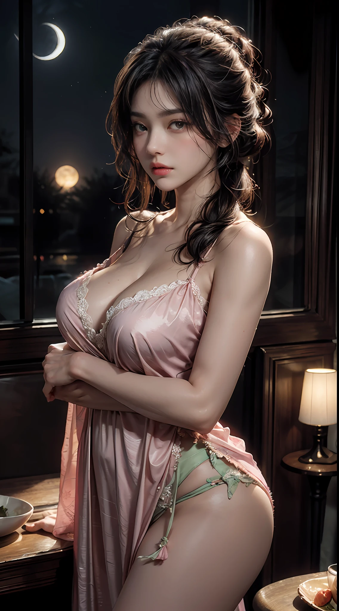 The art depicts a charming woman dressed in a flowing, silky nightgown, pink, decorated with intricate patterns and bright colors. Her panties can be seen through her nightgown. Her dress drapes elegantly over her curvy figure, accentuating her seductive silhouette. She stood gracefully in the quiet moonlit night, bathed in the soft glow of the moonlight. The scene exudes an ethereal and dreamy atmosphere, with a touch of mystery and sexiness. The graphic style blends watercolor and digital illustration techniques to evoke a refined beauty and charm. The lights are filled with soft moonlight, casting soft highlights and shadows on her charming features. Bare thighs, big breasts, three-dimensional facial features. Another woman is hugging and kissing her. The other woman is dressing as a office worker and has long straight hair. Lesbian, kiss, girls kissing, lesbian kiss