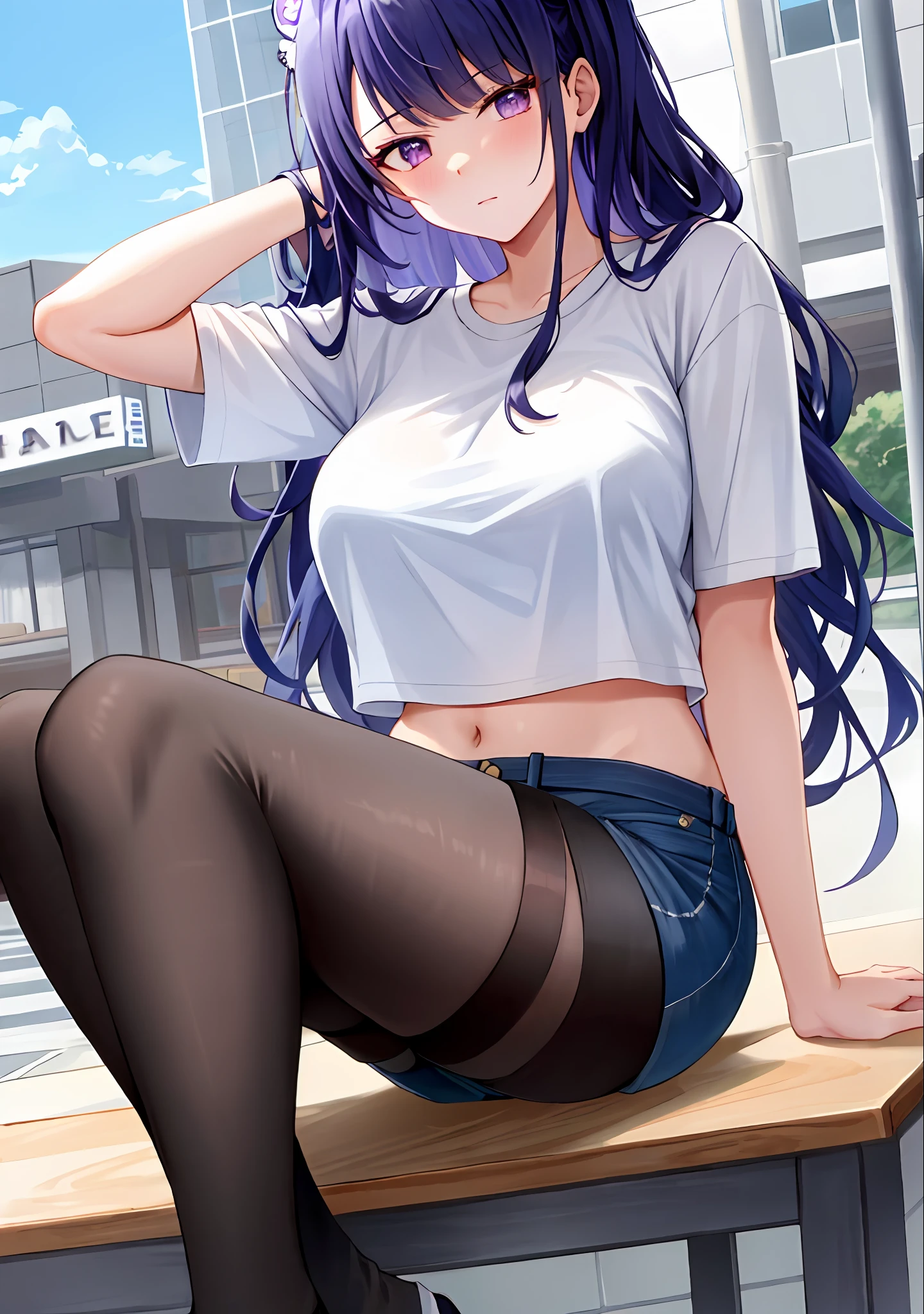 (masterpiece, best quality, ultra-detailed), Raiden shogun \(genshin impact\), (purple hair), cone hair bun, twin tails, long hair, swept bangs, braid, braided bangs, purple eyes, pink eyes,
(wearing a t-shirt:1.2), sitting on a chair outside of caf, embracing the natural beauty, sunlight, beautiful cloudy sky, city, street, denim shorts, black stocking,
medium breasts, thick thighs, critical angle, cowboy shot, arm behind head, arm behind back, armpit, shy face, crop top, strong and seductive expressions,,