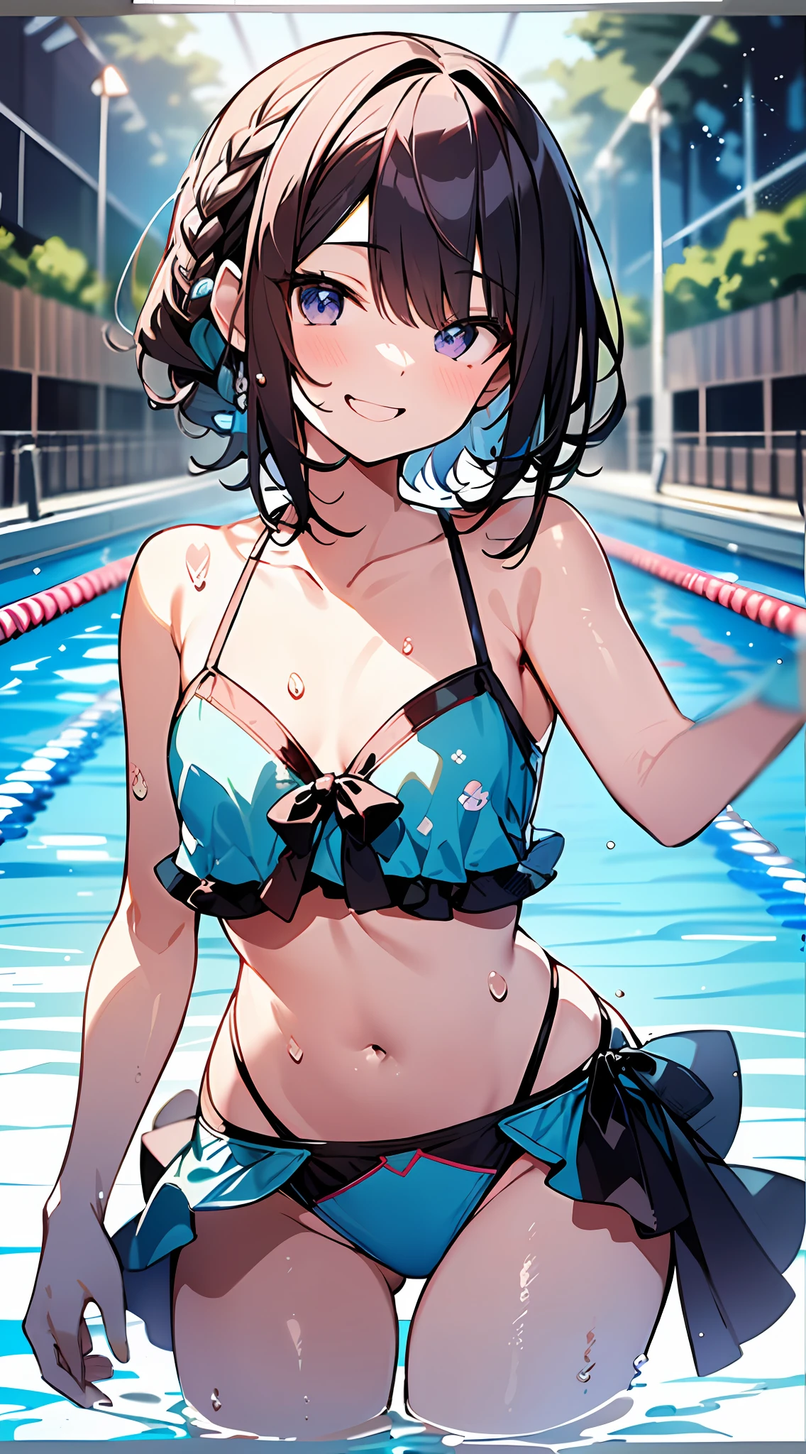 (Incredibly ridiculous absolute resolution:1.5)、hiquality、top-quality、masuter piece、Anime girl in pink and white bikini, 魅惑的、Anime , 8k Manga Wallpapers, Smile、Shy laughter、((small curvy loli pretty anime girl,((swimming pools))、(Medium Shorthair)、(short braided hair)