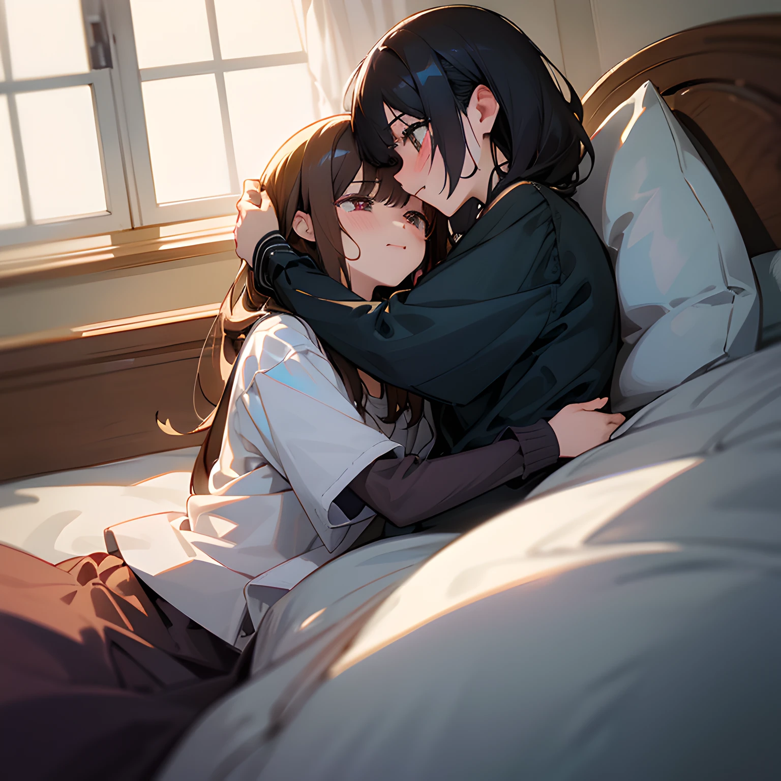 hight resolution,ultra-detailliert,Official art,Beauty and aesthetics,​masterpiece,best qualtiy,ighly detailed,Variegated,Most details、Shining eyes、Detailed eyes、face perfect、enigmatic、A dark-haired、night wear、Hugging each other in bed、Two people staring at each other、Crying and laughter、Troubled face、red blush