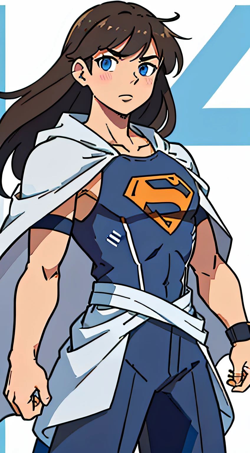 (best-quality:0.8), broken introspective perfect anime illustration, 53 years old, alpha male, Caucasian, Long brown hair, Wearing super hero costume, but colour scheme is light grey and blue. Shoulders and elbows have noticeable bulkiness, cape, blue eyes, Strong upper build, simple colors, white background, waist-up shot, half body shot, high resolution, no props, neutral pose, front view, normal pose