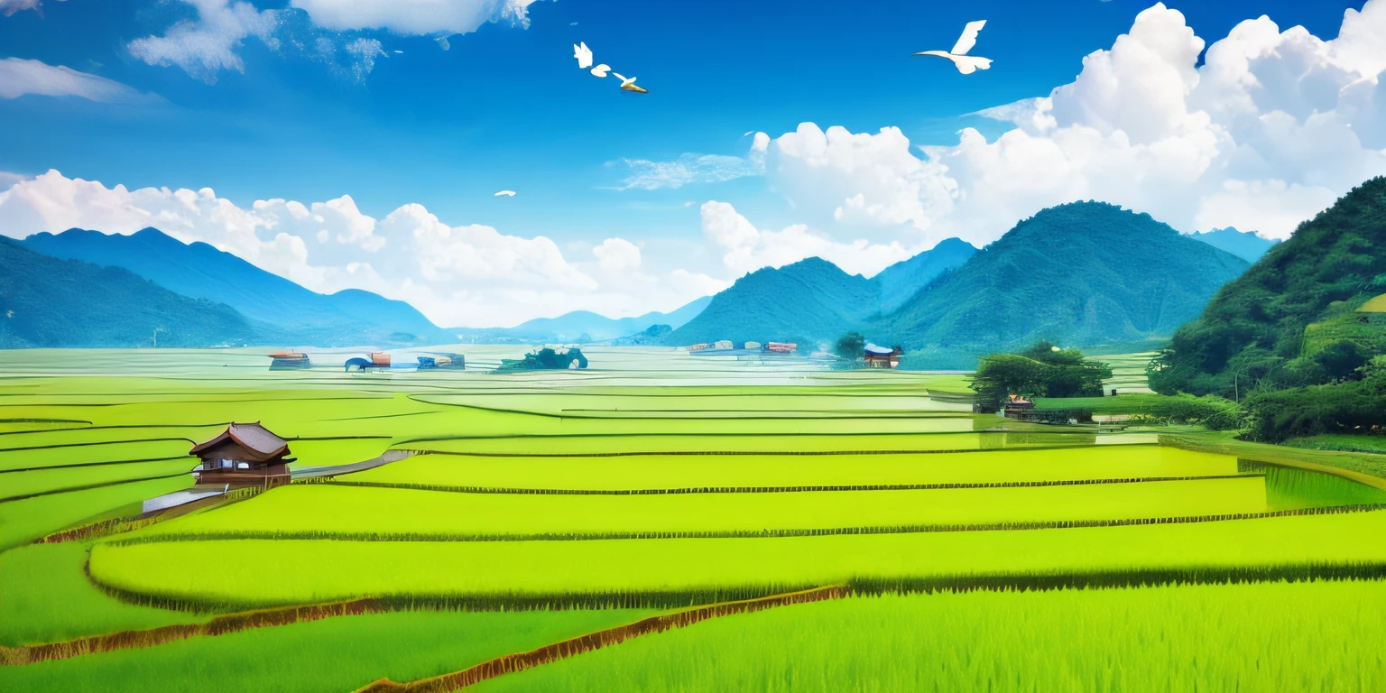 Chinese big breasts,ricefield,Sunny,mont,flying birds --auto