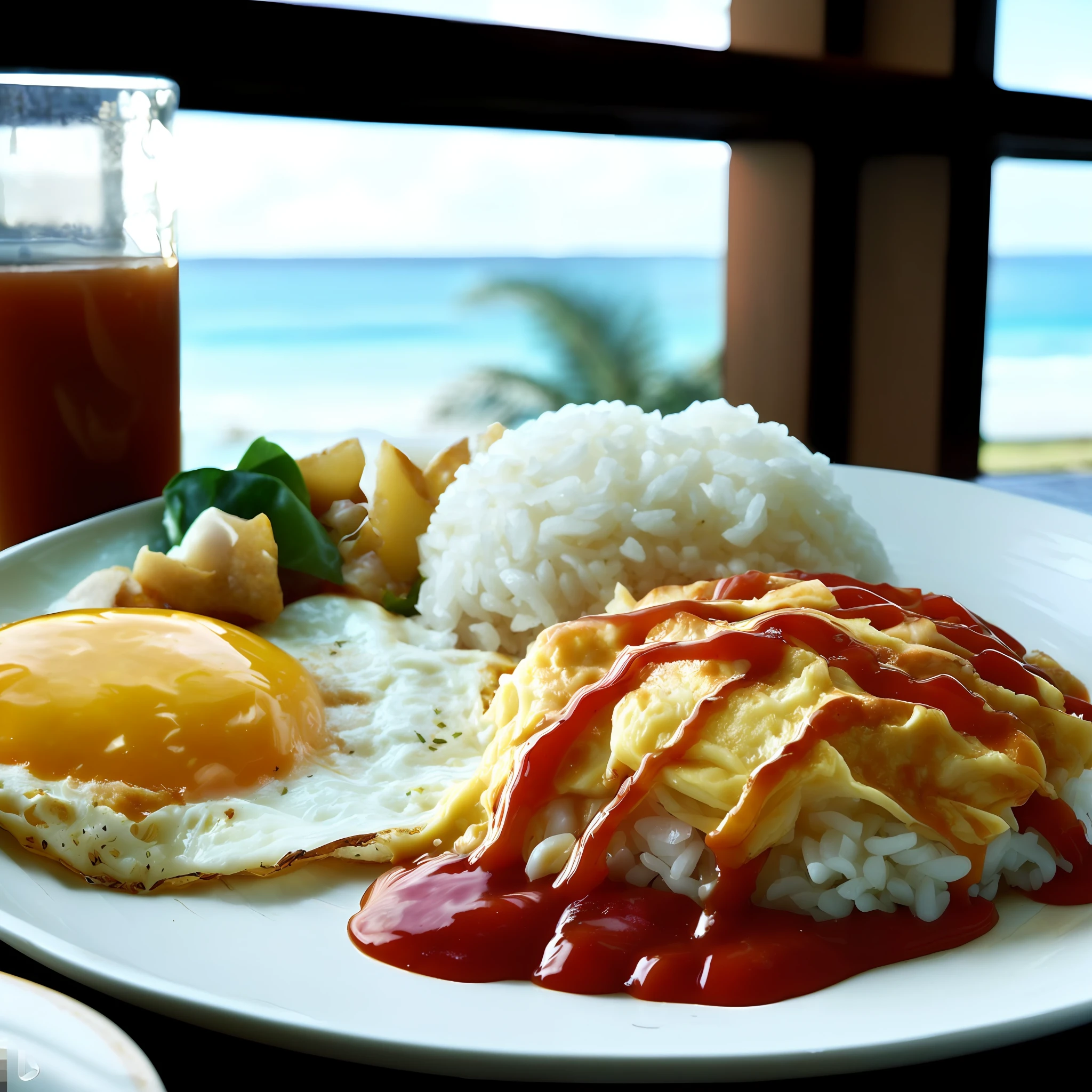 There are plates of eggs and food, Rice, And the sauce on it, Hearty breakfast, Breakfast, morning sunrise, Kauai, Suncoast, Buffet breakfast, :: morning, High-quality food photography, Japanese, super realistic food picture, dish, eggs, Chinese, morning, Rice, Evan Lee, deep in the night, hawaii, jamaican, Nice composition, sunrise light, Delicious food