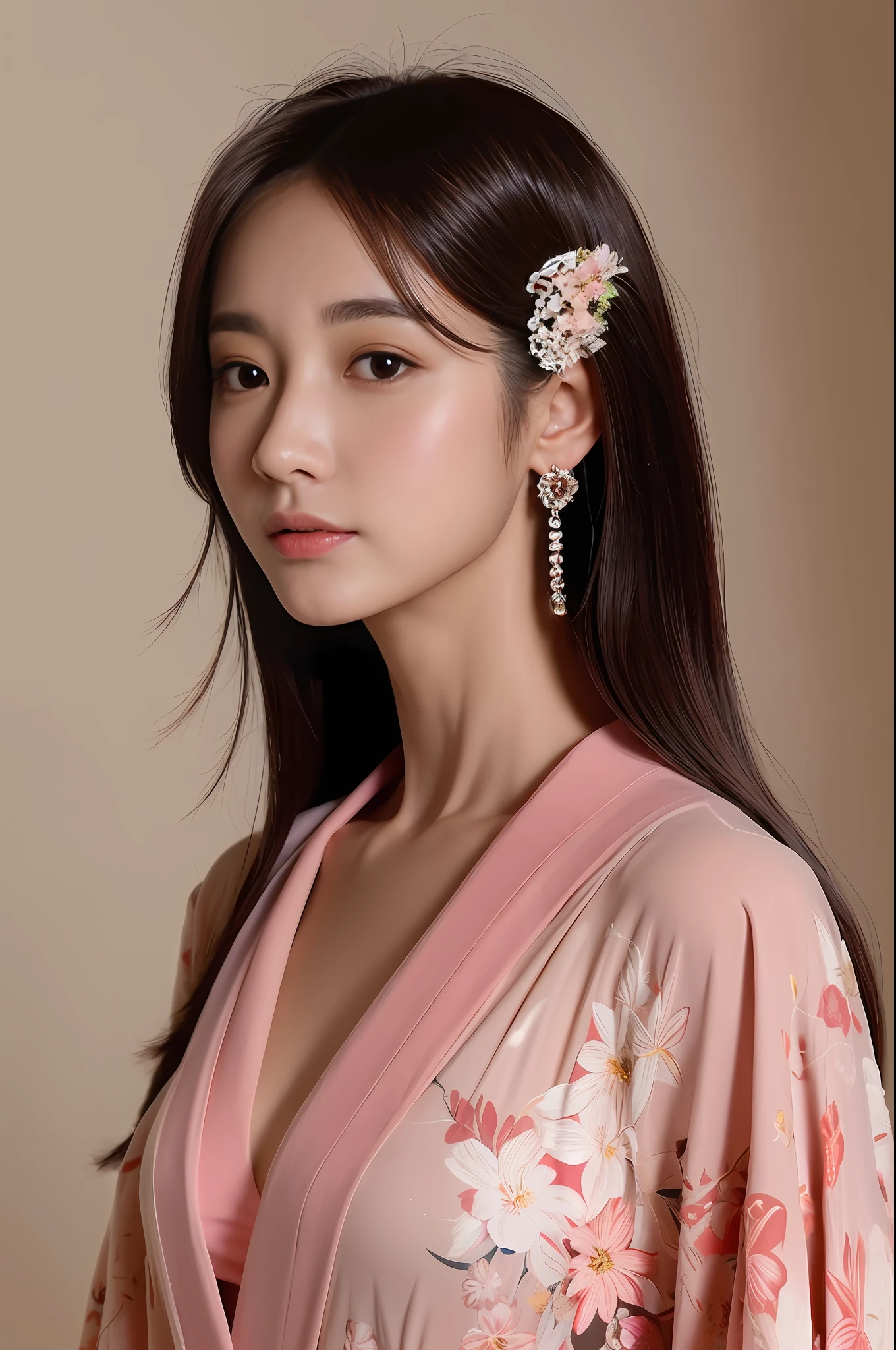 A bust of a young Japanese woman with long black hair, almond-shaped brown eyes, Petite nose, Wears a pink kimono and floral hair accessories. (8K, Best quality : 1.2), (Masterpiece, Photorealistic : 1.3), Super detail, Anatomically correct
