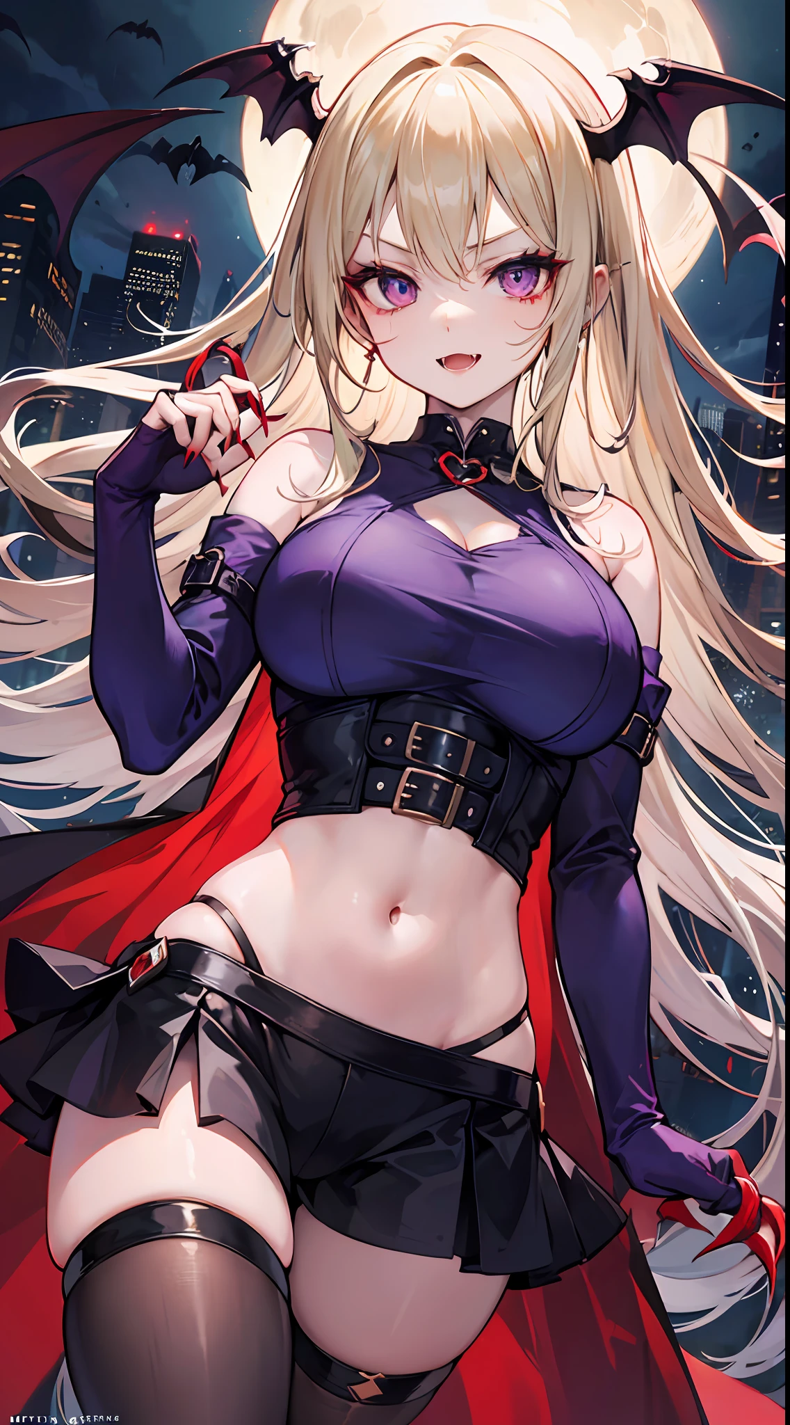 Enchanting Rogue」Sensual vampire in short purple clothes、Staring at the viewer、Flowing blonde hair、menacing gaze、Sparkling vampire fangs、Stain her pale face、Large, Sharp claws are ready to pounce、In a dark vision of the city at night