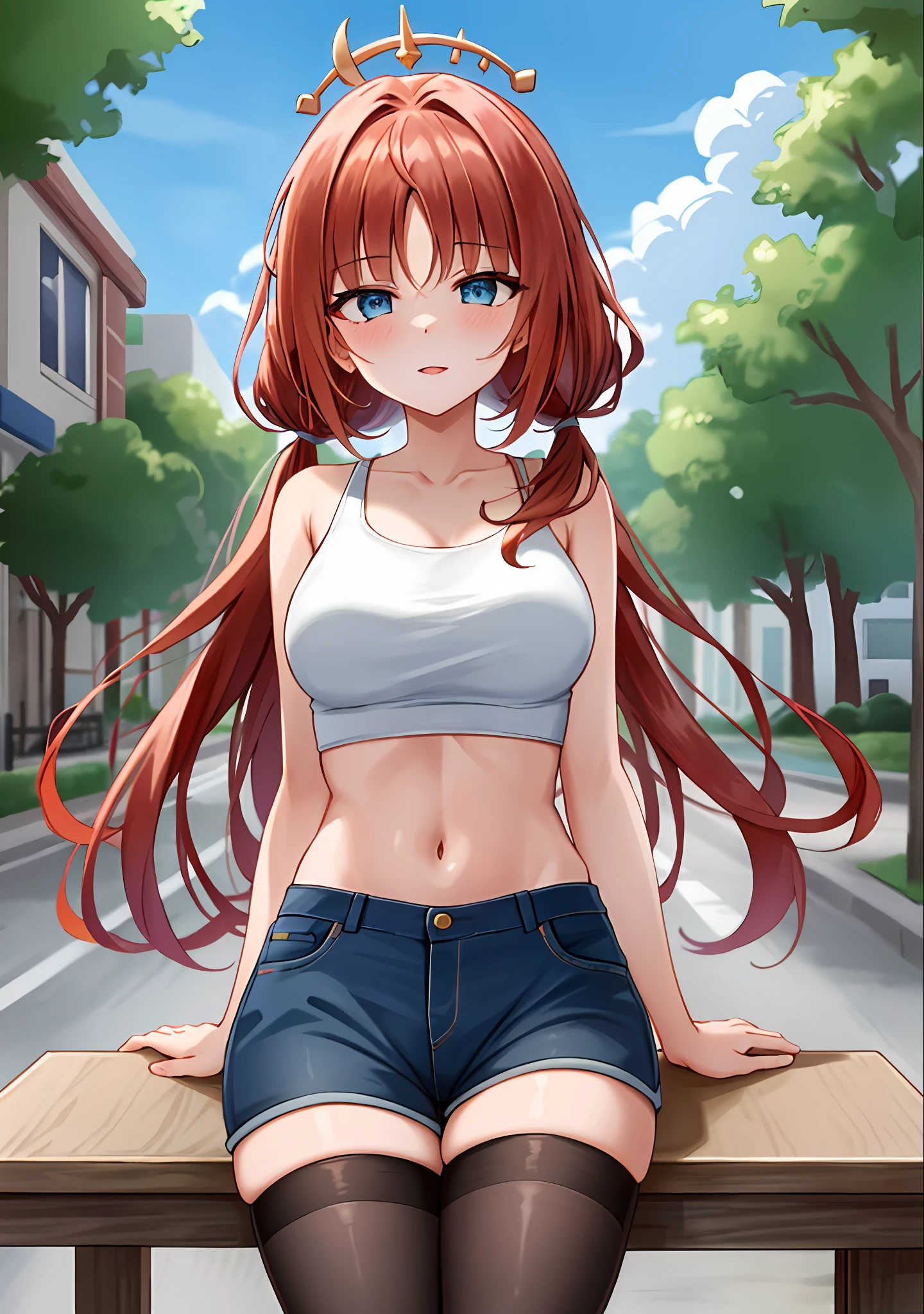 (masterpiece, best quality, ultra-detailed), nilou \(genshin impact\), (red hair), cone hair bun, twin tails, long hair, swept bangs, braid, braided bangs, blue eyes, blue eyes,
(wearing a t-shirt:1.2), sitting on a chair outside of caf, embracing the natural beauty, sunlight, beautiful cloudy sky, city, street, denim shorts, black stocking,
medium breasts, thick thighs, critical angle, cowboy shot, arm behind head, arm behind back, holding breasts, tongue out, crop top, strong and seductive expressions,,