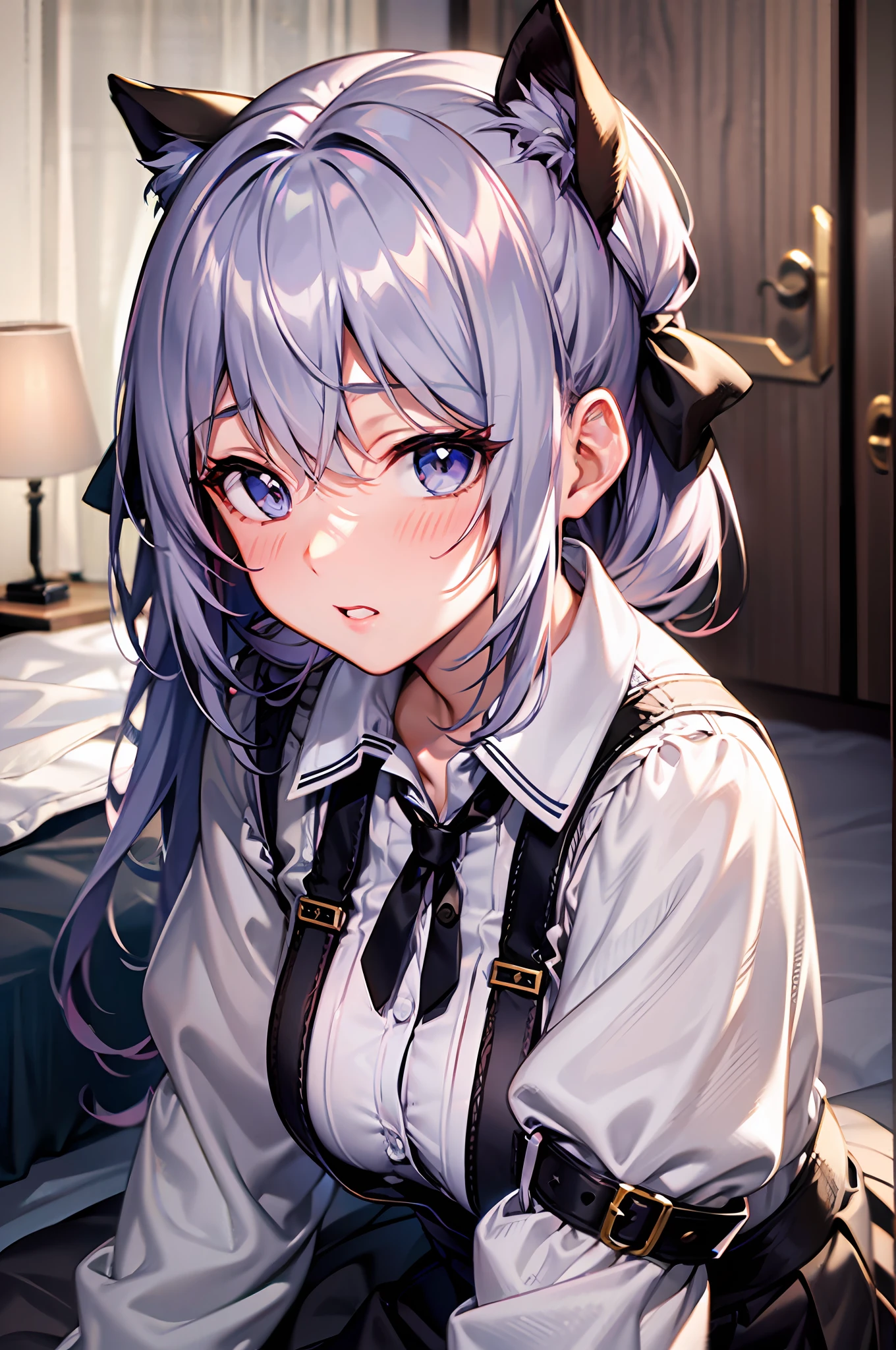 One lady，{Best Quality}, {ultra-detailliert}, {very detailed illustration}, Top image quality，silber hair, Aimei, embarrassed from，breastsout，red blush，Black tie，{Suspender Skirt}，suspenders，skirt by the，long-sleeve，Casual clothing，a bed，all-fours，{bustup}，front-facing view