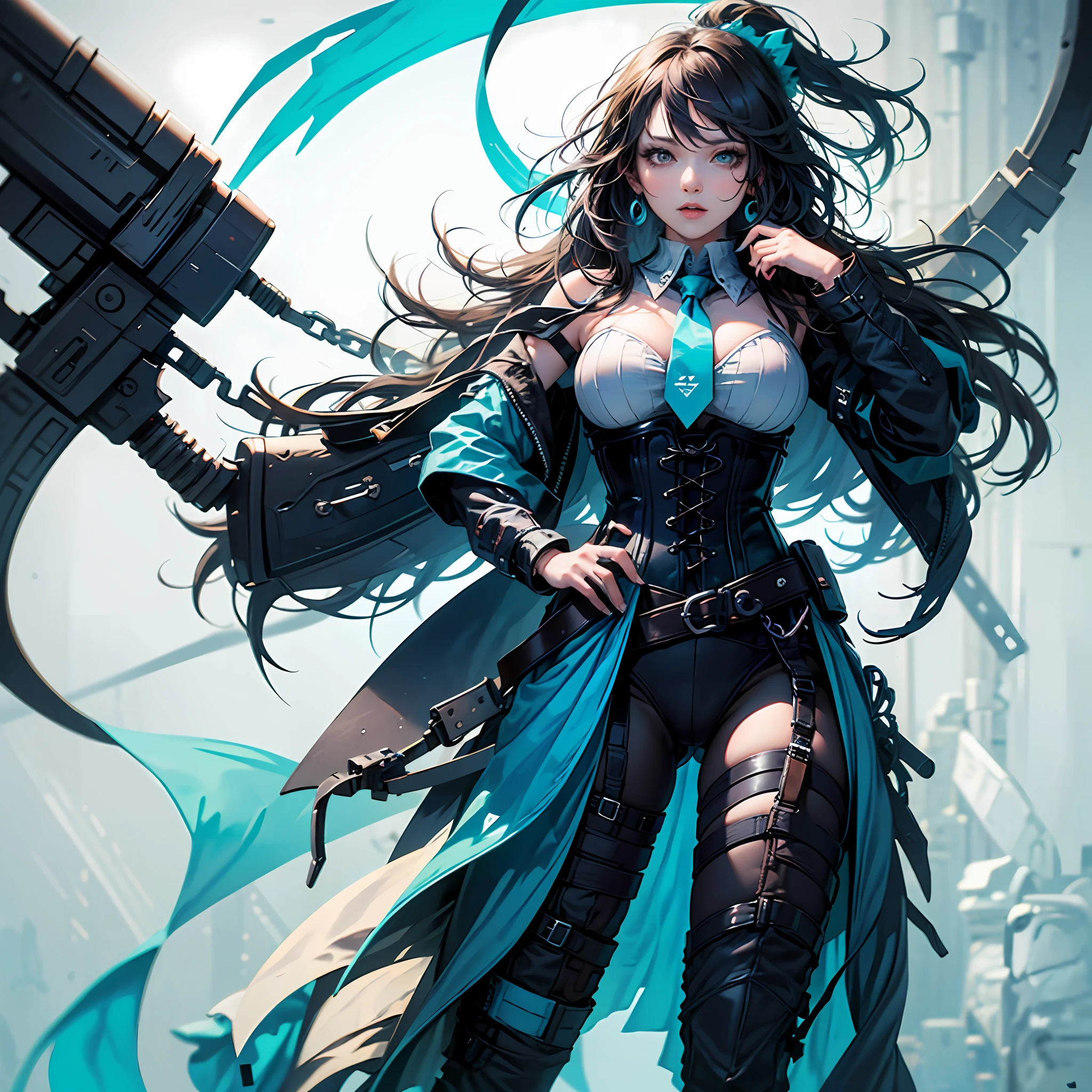 Woman in blue dress and blue tie, blue undergarments, cyan corset, costume with blue accents, upper torso included, Open V chest clothes, upper body avatar, hands behind her body pose!, short torso, mid body portrait, blue corset, wide torso, clear outfit design, inverted triangle body type --auto