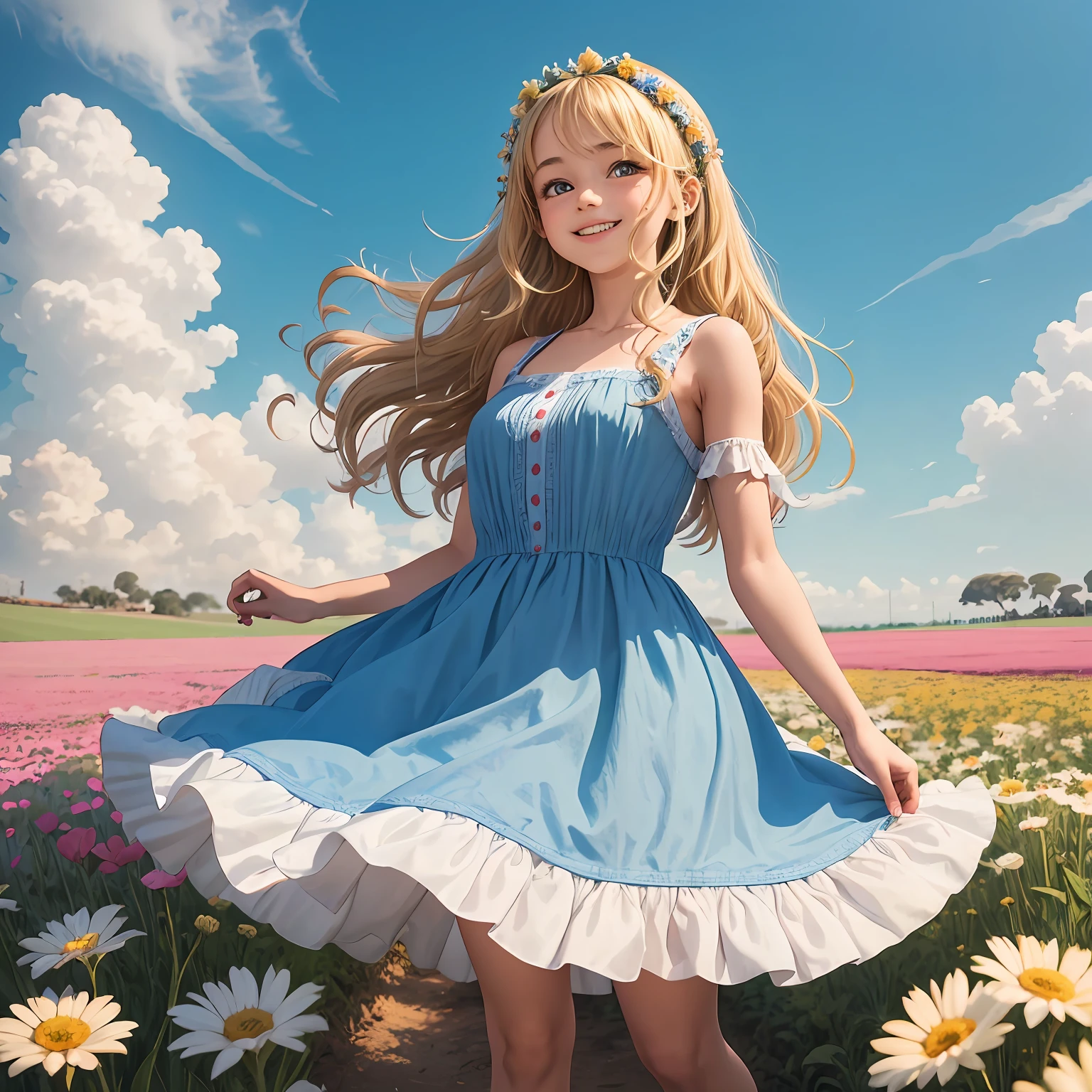 Children's story character named Juliet presented full body, Juliet is a 6-year-old girl, wears a faded blue dress that goes to the knees sleeveless, com presilhas de margarida nos cabelos, uma acima de cada orelha, usa sapatilha rasteira branca, Her hair is long blonde and curly, de sorriso lindo e dentes brancos, is standing looking forward in a field with flowers of various species and colors, fotorealismo e super detalhado, --auto