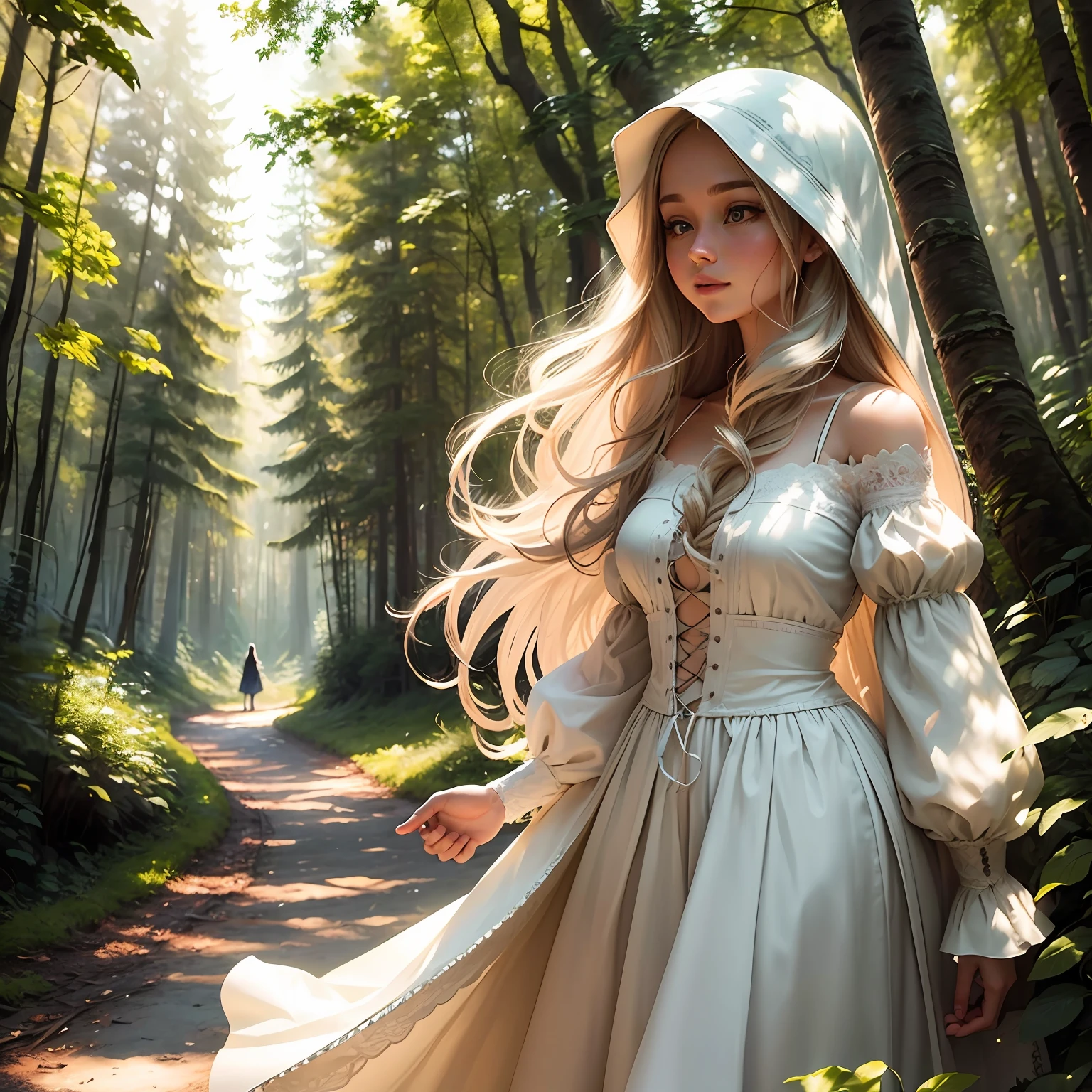 Best quality at best,tmasterpiece,Beautuful Women,long whitr hair,divino,rays of sunshine,Beautiful forest as a backdrop, --auto