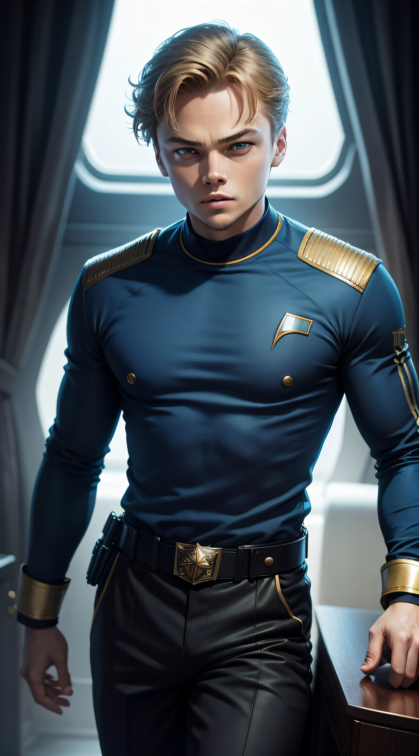 [Leonardo Di Caprio as Captain Kirk:1.4], federation uniform, interprise, realistic --auto